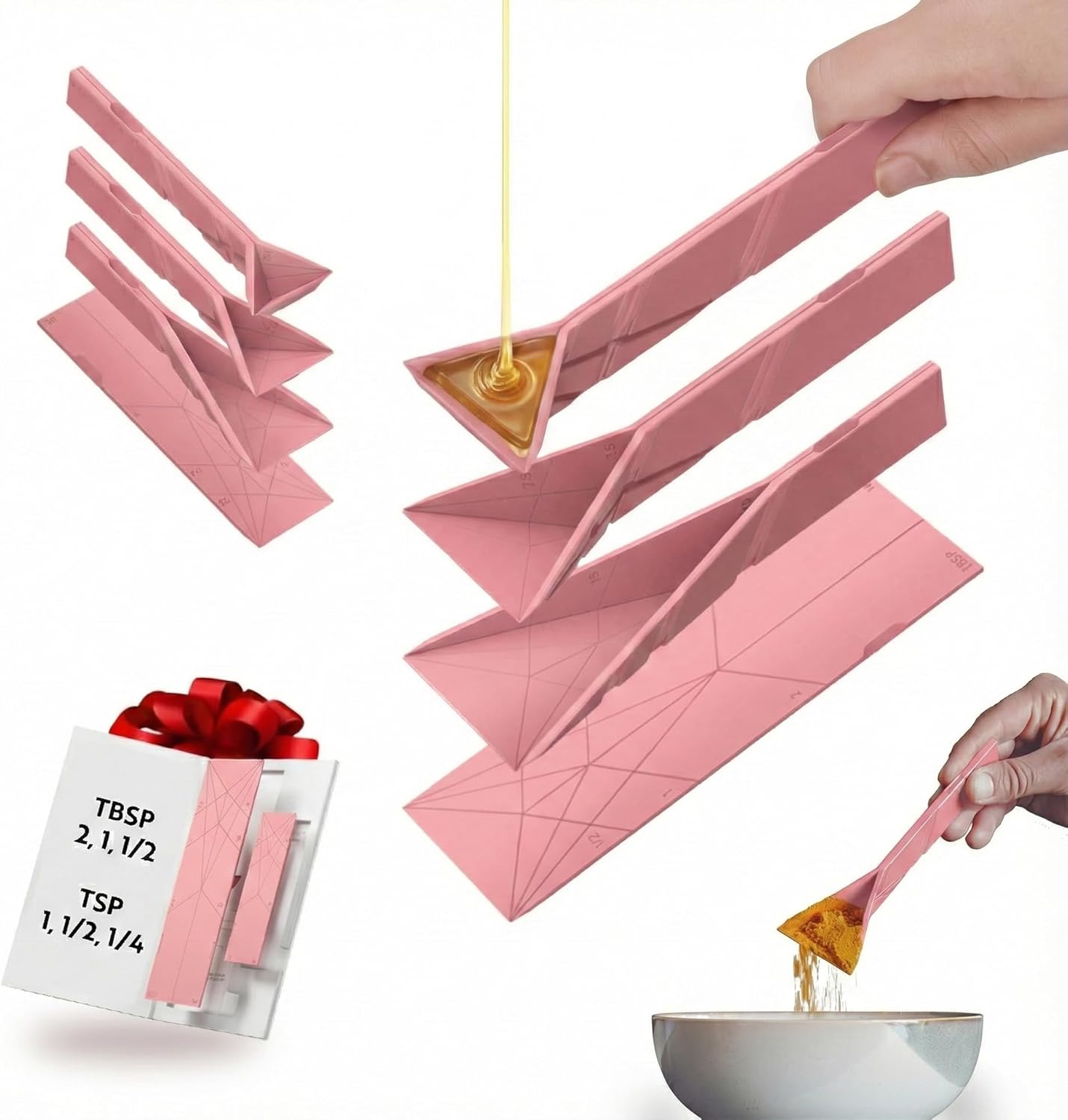 POLYGONS – Original Flat 3-in-1 Folding Measuring Spoons | 2 Spoons fold into 6 Sizes | Magnetic | DuraBend Tech lasts 100k+ folds | LeakProof for Wet & Dry | Gift Packaging | Baking/Cooking (Pink)