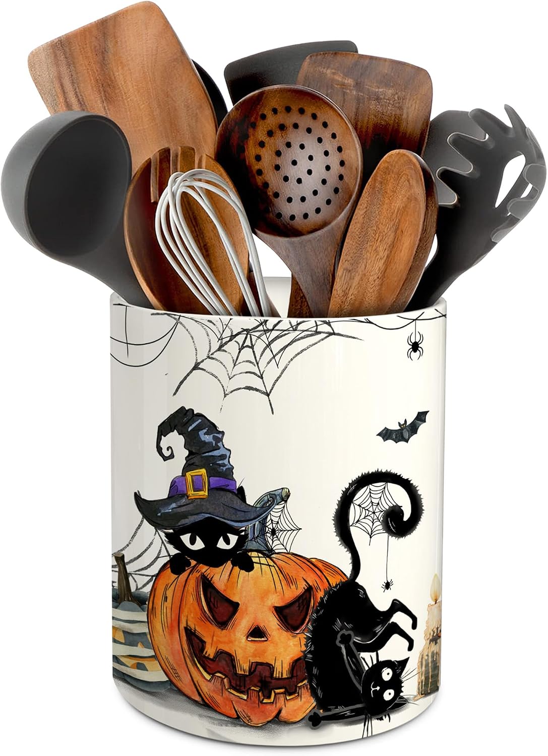 pinata Halloween Kitchen Decor, Ceramic Halloween Cat Utensil Holder | Ceramic Utensils Crock, Rustic Farmhouse Indoor Kitchen Decorations, 6.3 Inches