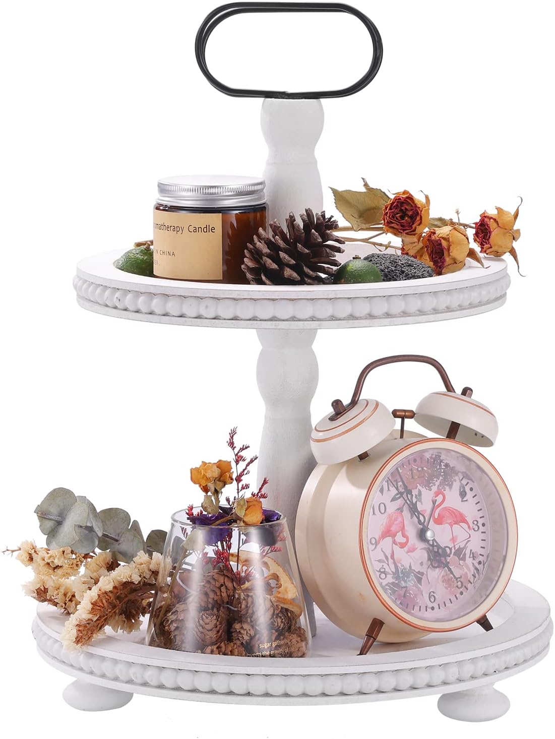 Urban Deco Wooden Decorative Tray Two Tiered Trays Decorations Round Serving Tray with Metal Handle, Wooden Cupcake Stand for Party Tiered Dessert Stand – Retro White Farmhouse Wood Tray