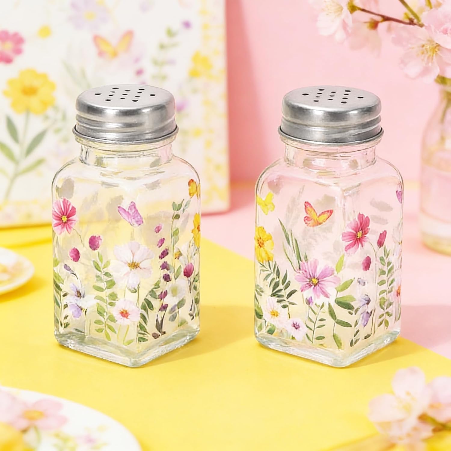 JarThenaAMCS 2 Pcs Floral Salt and Pepper Shakers Spring Watercolor Wildflower Butterfly Glass Spice Dispenser Seasoning Containers Set for Kitchen Counter Home Table Decor