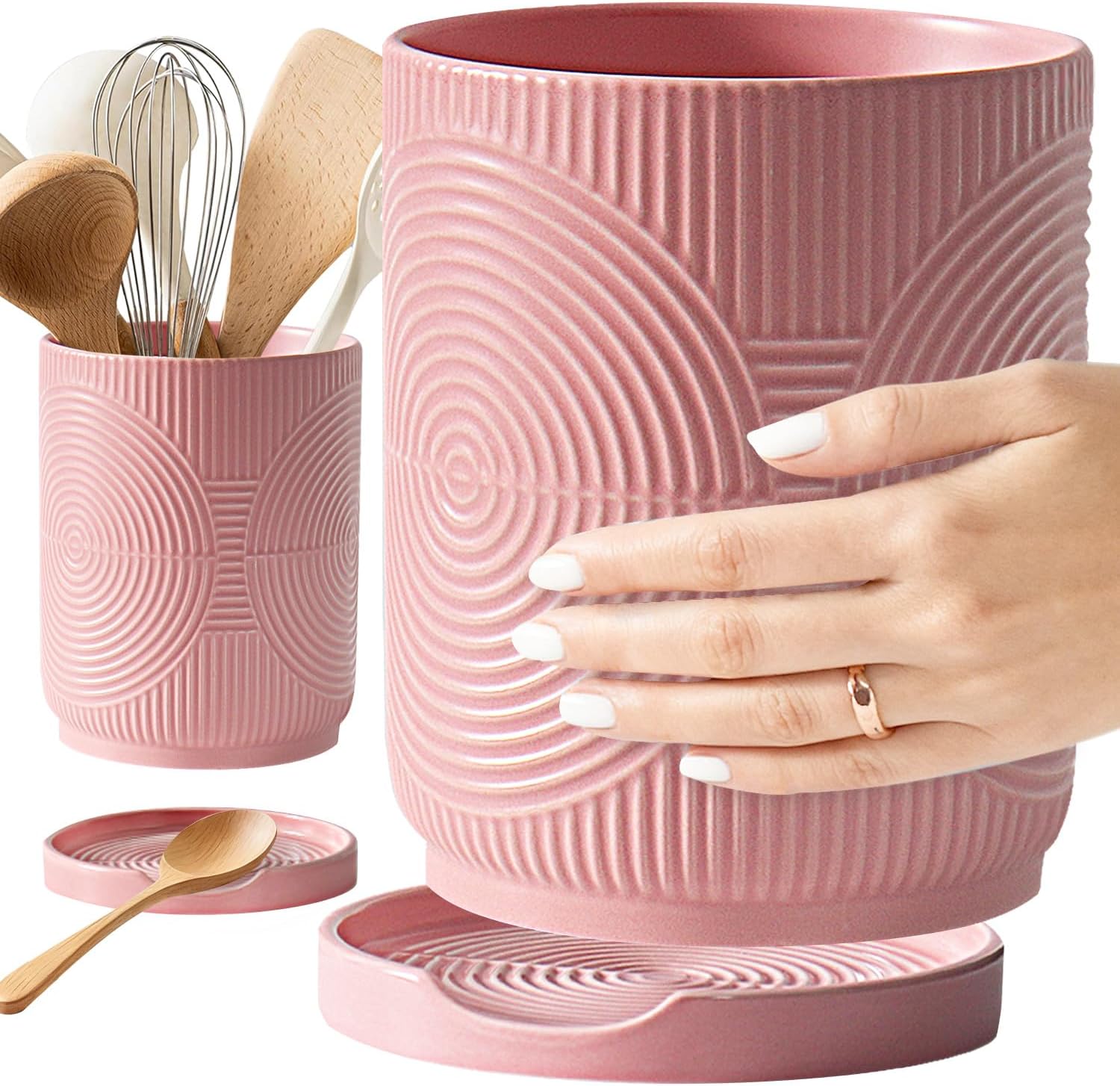 Utensil Holder, 7.2″ Kitchen Utensil Holder for Counter, 2-in-1 Ceramic Cooking Utensils Holders with Spoon Rest, Utensil Crock for Spatula, Ideal Housewarming Gift (Pink)