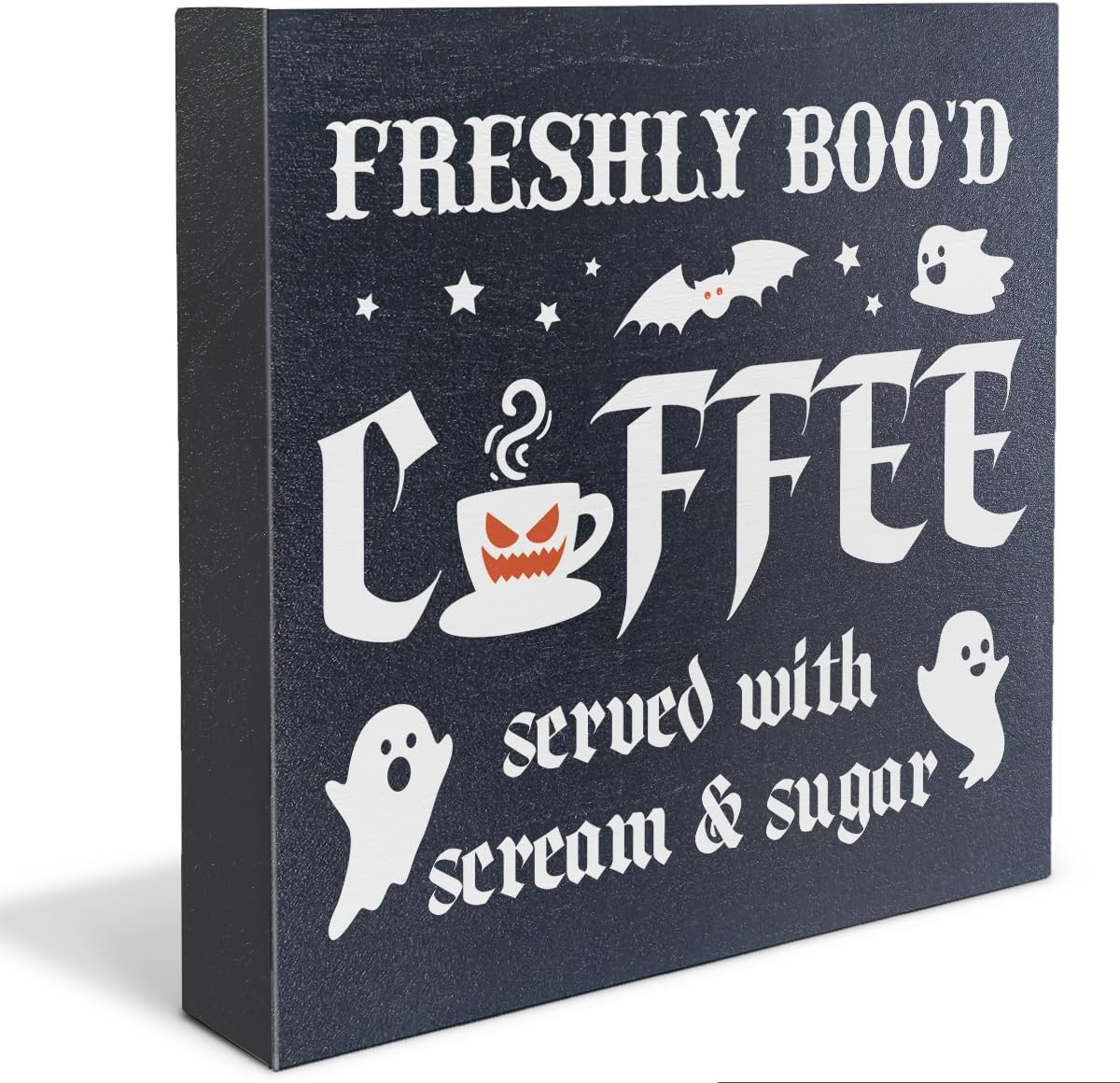 Halloween Coffee Wood Box Sign Decor Spooky Freshly Boo’d Coffee Black Block Sign Cafe Station Corner Kitchen Halloween Decorations