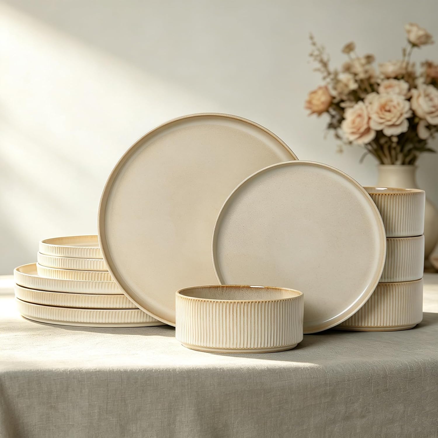Stoneware Dinnerware Sets, Plates and Bowls Sets for 4, 12-Piece Ribbed Dishes – Chip & Scratch Resistant, Microwave and Dishwasher Safe Tableware, Beige