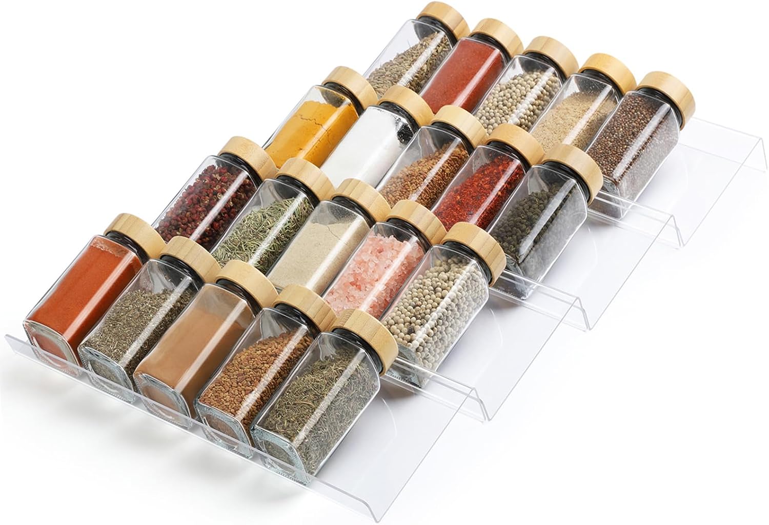 Suneerplay Spice Drawer Organizer 4 Tier, Acrylic Seasoning Organizer Rack, Clear Spice Rack Tray, Kitchen Seasoning Jars Drawers Insert (Jars Not Included/Expandable From 13″ to 26″)