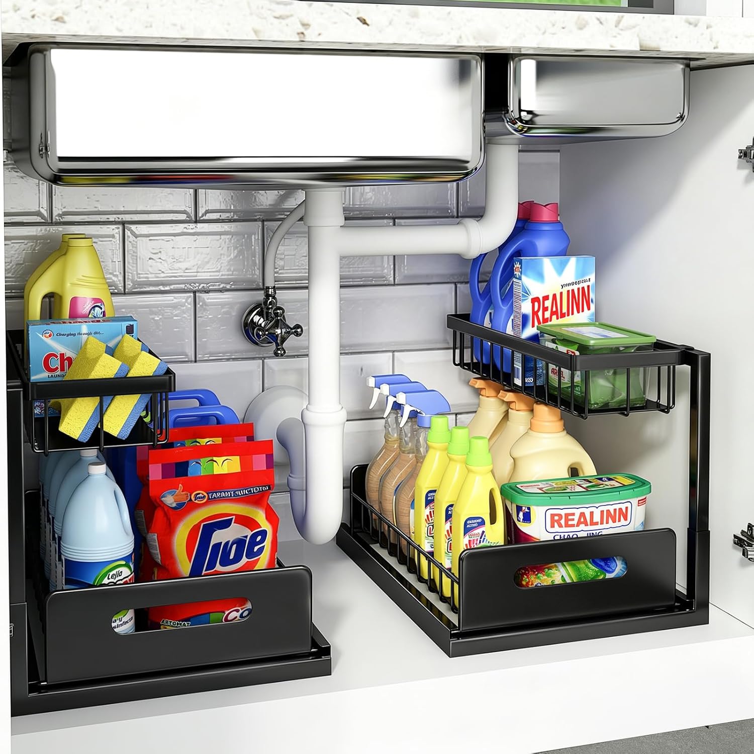 REALINN Under Sink Organizer, L-Shaped 2 Tier Pull Out Cabinet Organizer for Kitchen and Bathroom, Slide Out Under Cabinet Storage, Metal Under Sink Storage with Sliding Drawer, 50 lbs, Black 2 Pack