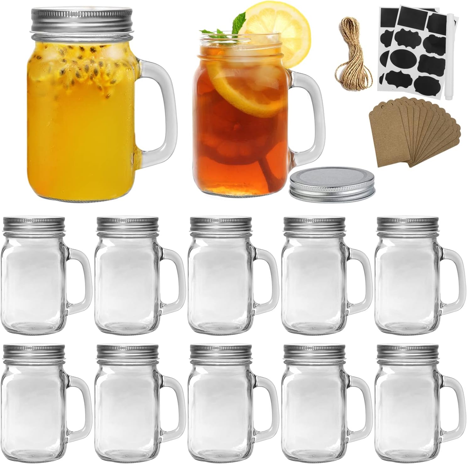 Maredash 16 oz Mason Jars with Handle,Old Fashioned Drinking Glasses with Chalkboard Labels and Silver Metal Lids,Glass Mugs for Party or Daily use,Set of 12.