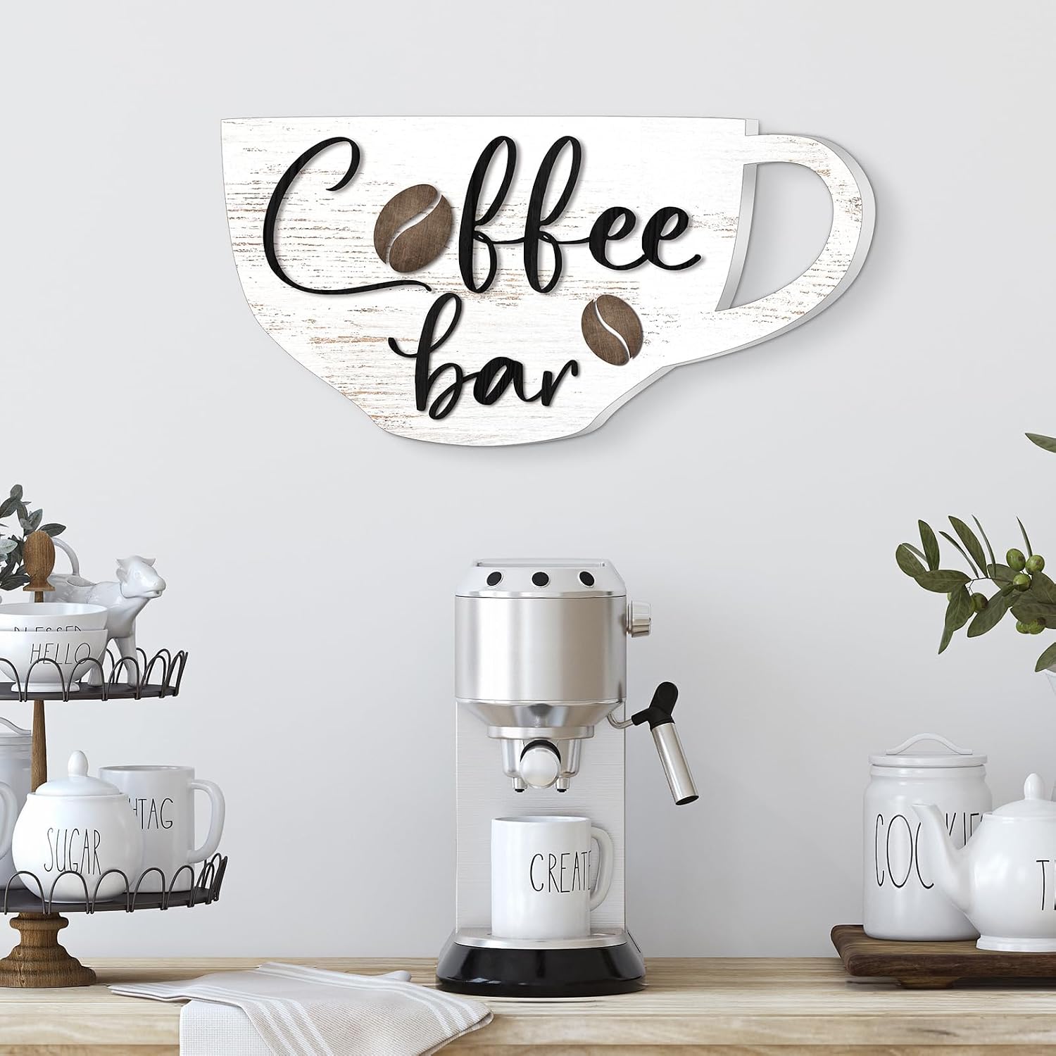 Kigley Coffee Bar Signs Wooden Sign Rustic Coffee Bar Hanging Wall Decor Cup Shaped Wall Art for Cafe Station Farmhouse Home Office Kitchen Cafe Pub Nook Decoration Accessories 13 x 6.7 Inches(White)