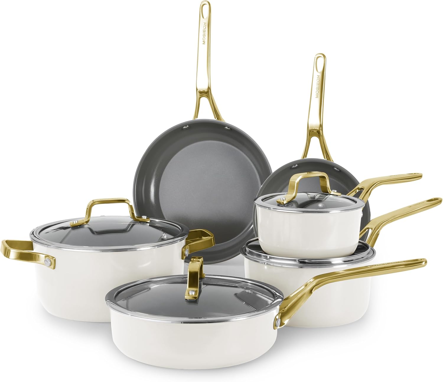 10-Piece White Ceramic Nonstick Cookware Set, Pots and Pans with Glass Lids & Anti-Scald Handles, Non-Toxic PFAS Free, Dishwasher & Oven Safe up to 480°F, Induction & All Stoves Ready