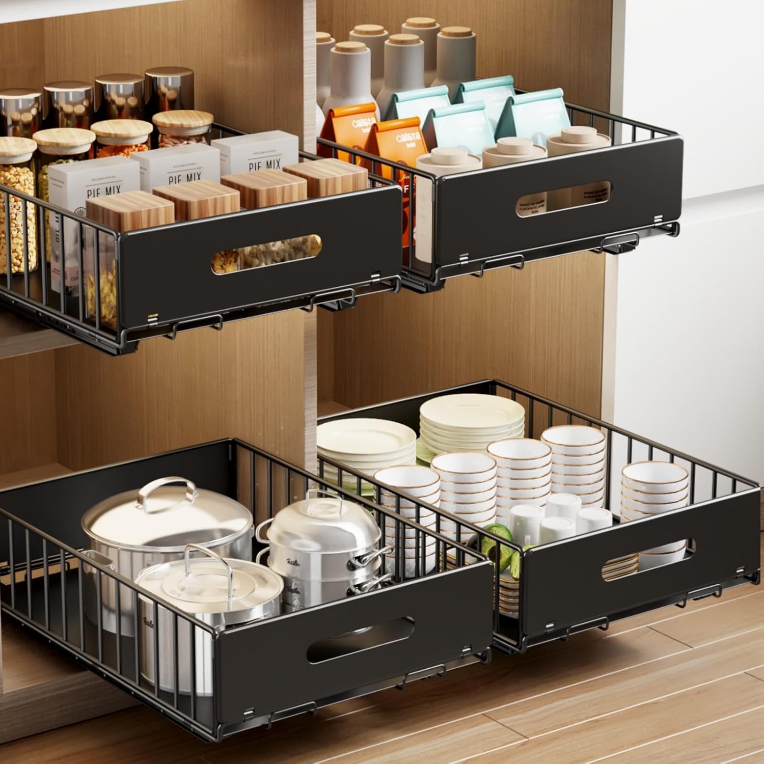 Mustorn 2 Pack Pull Out Cabinet Organizer, Slide Out Drawers for Cabinets, Peel and Stick, Heavy Duty Shelves for Kitchen, Cupboard, Pantry, Bathroom (16.5″D*11.8″W*3.94″H-Black)