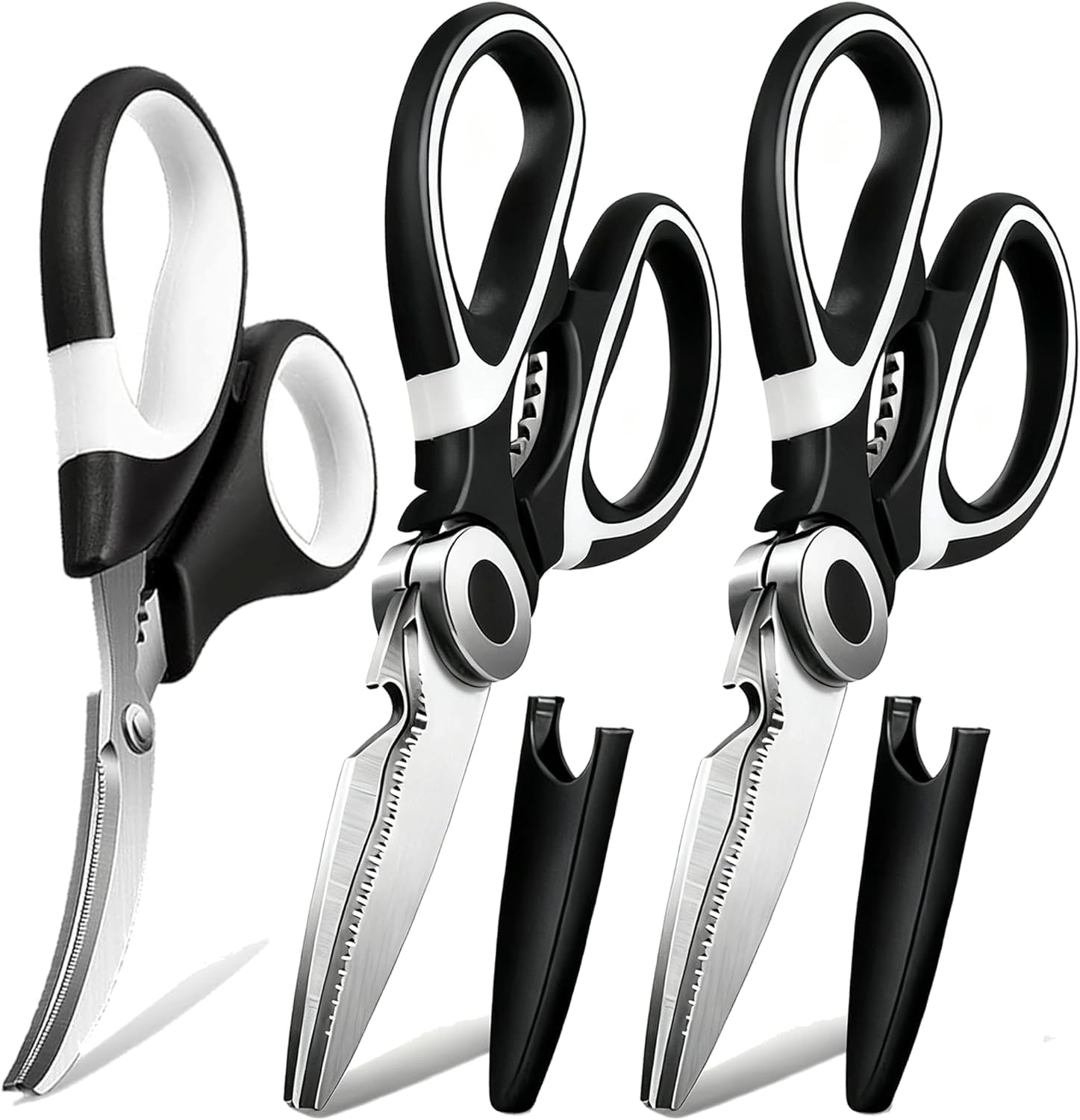 OMDAR 3 Pack Kitchen Scissors & Seafood Scissors Set, Sharp Kitchen Shears | All Purpose Stainless Steel Heavy Duty for Poultry Food Dishwasher Safe with Protective Sheath Comfort-Grip