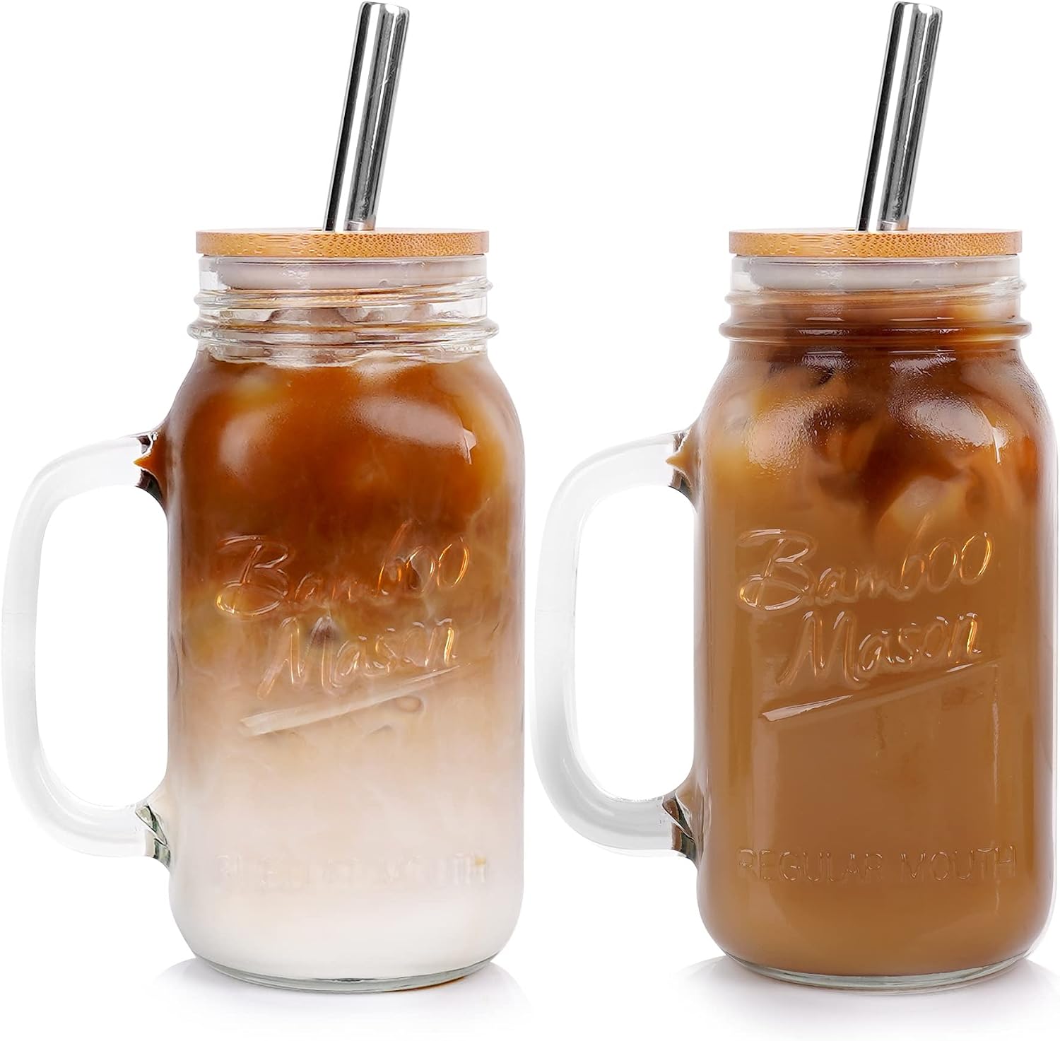 ANOTION Mason Jar with Lid and Straw, 24 oz Regular Mouth Mason Jars with Handle Drinking Glasses Tumbler Reusable Cups Smoothie Water Bottles for Iced Coffee Classic