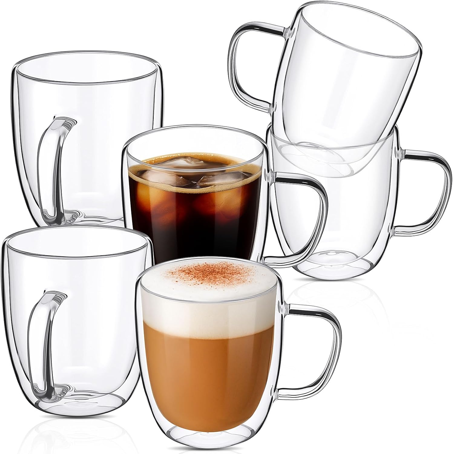Patelai Glass Coffee Mugs Set of 6, 16 oz Clear Double Walled Coffee Cups Glasses Insulated Latte Mugs with Handle Espresso Clear Cups for Hot and Cold Beverages