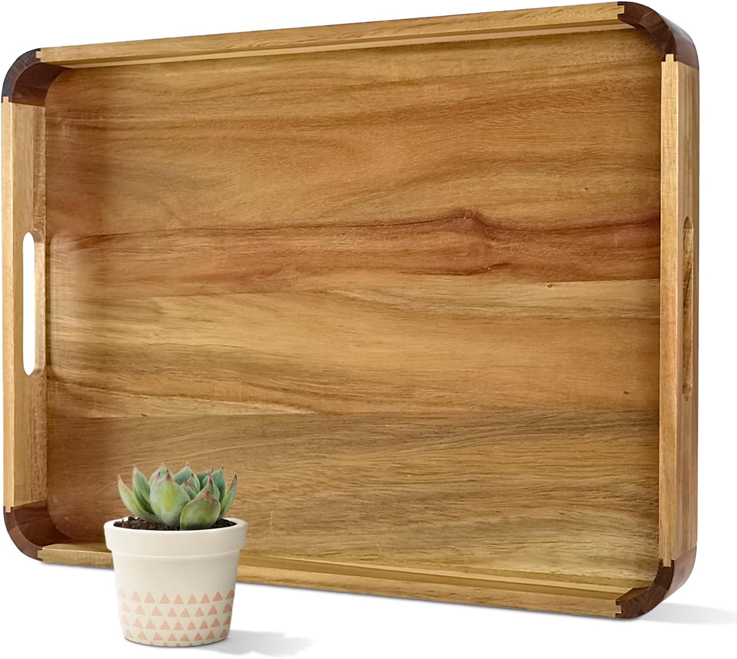 22 Inches Acacia Wood Serving Tray with Handles & Rounded Corners | Large Rectangular Decorative Wooden Tray for Living Room Kitchen Coffee Table Couch Bed