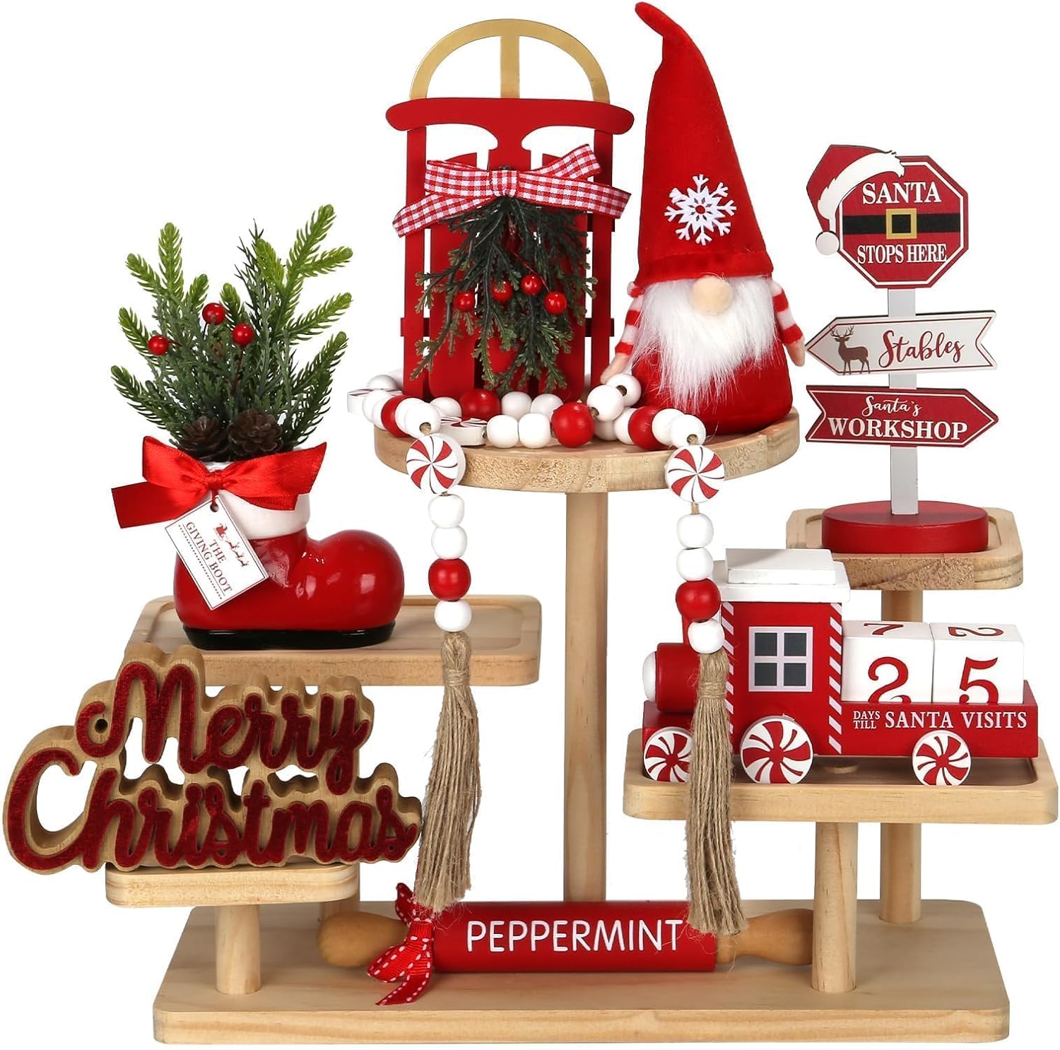 Christmas Decorations 8 PCS Tiered Tray Decor Set, Cute Tabletop Christmas Decor for Home Office Shelf Mantel Coffee Bar Xmas Table Centerpieces Tray Objects Holiday Decoration Set