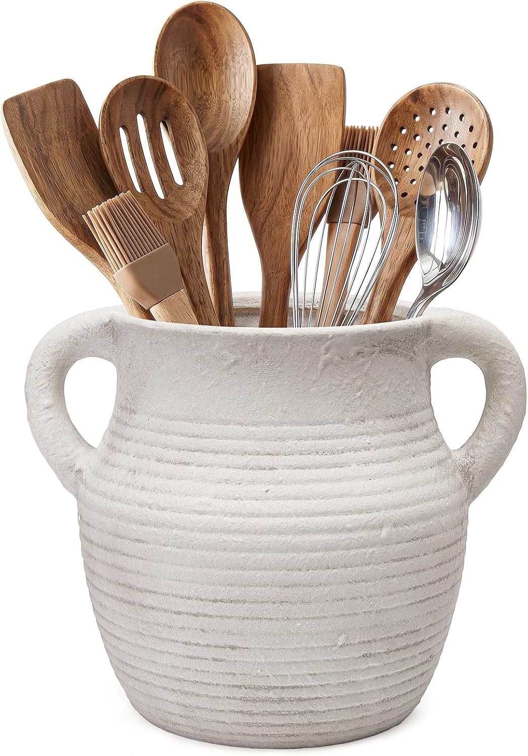 Rustic Utensil Holder for Kitchen Counter – Large Ceramic Farmhouse Cooking Utensil Crock & Organizer for Spatula, Spoon – Vintage Kitchen Decor (Ivory)