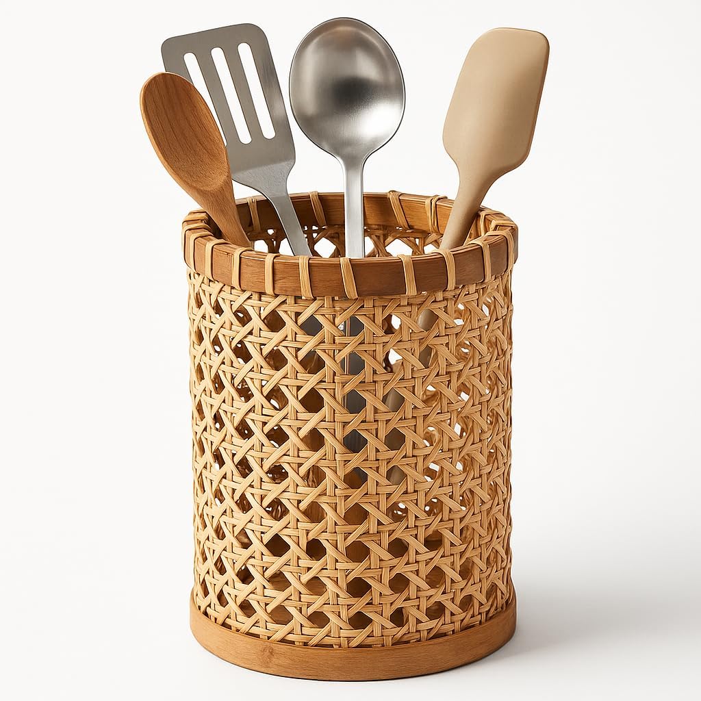 Boho Utensil Holder – Handwoven Rattan Utensil Holder for Kitchen and Countertop | Natural Woven Organizer for Rustic Kitchen Decor, Boho Basket for Cooking Tools and Tabletop Storage