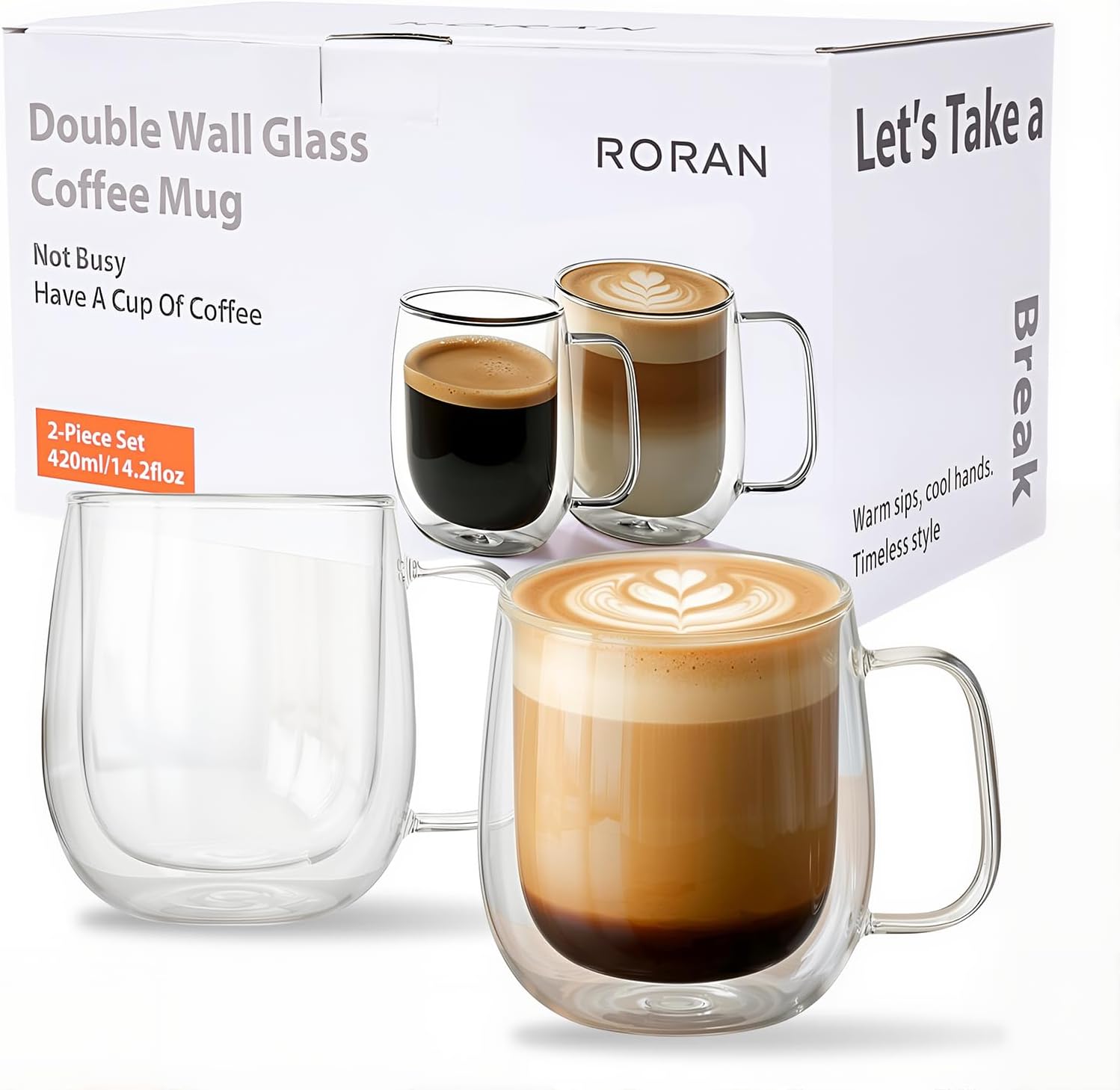 Roran Double Wall Glass Coffee Mugs, Clear Borosilicate Glass with Handle, 14.2oz, 2 Piece Set, High-Heat Resistant
