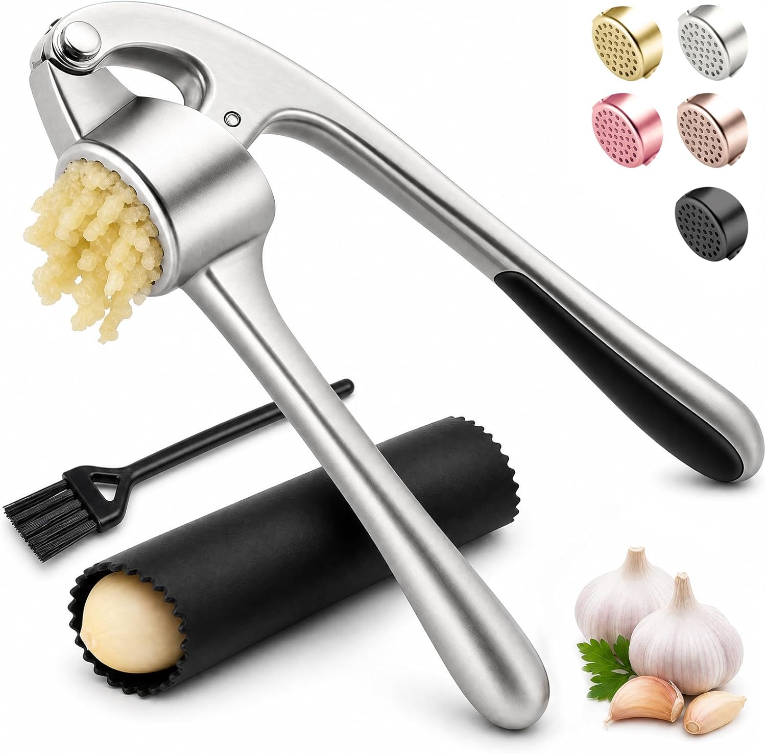 Kitchen Garlic Press, Rust Proof & Dishwasher Safe Garlic Mincer, Durable Garlic Crusher Set with Peeler＆Brush, Easy to Clean and Squeeze, Matte