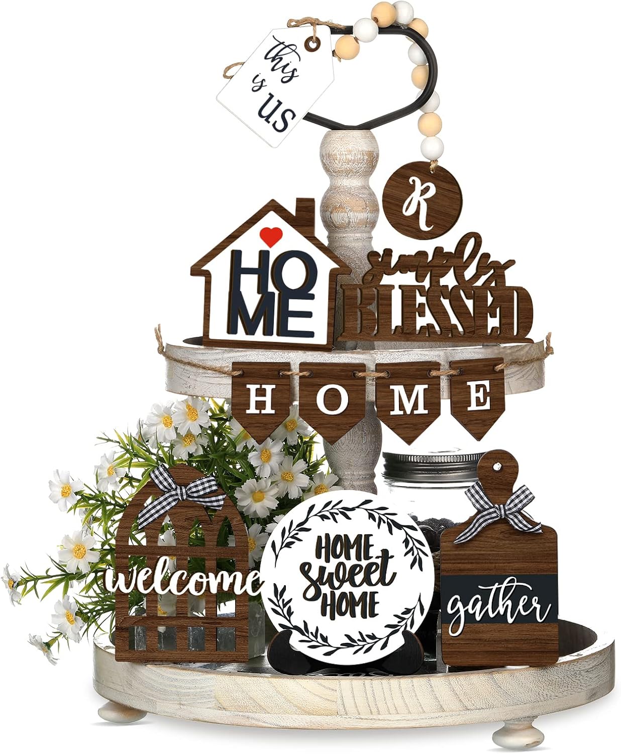Yalikop 11 Pieces Farmhouse Tiered Tray Decor Home Wood Sign Rustic Simply Blessed Wooden Beads Tiered Tray Decorations Set for Home Kitchen Table Shelf