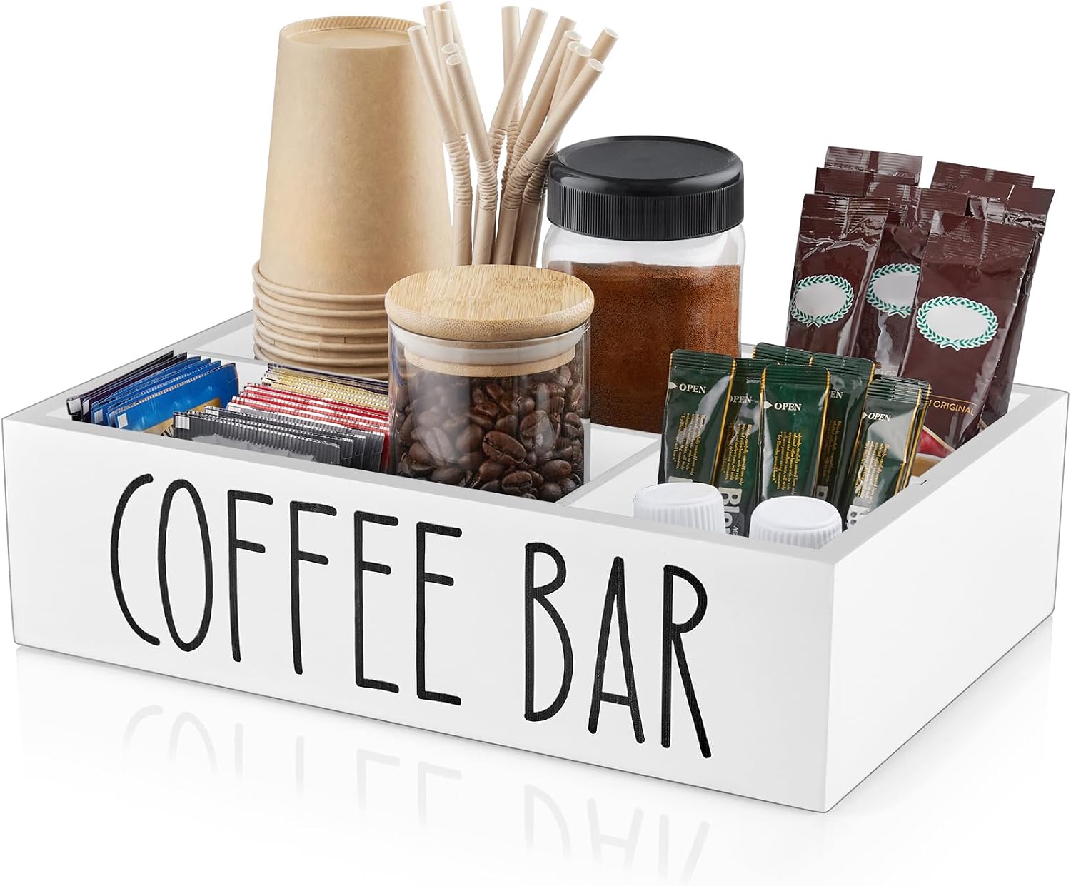 ALELION White Coffee Station Organizer with Removable Dividers – Wooden Coffee Bar Countertop Organizer for Pods, Stirrers, Sugar Packets & Lids, Kitchen, Office, Café Use