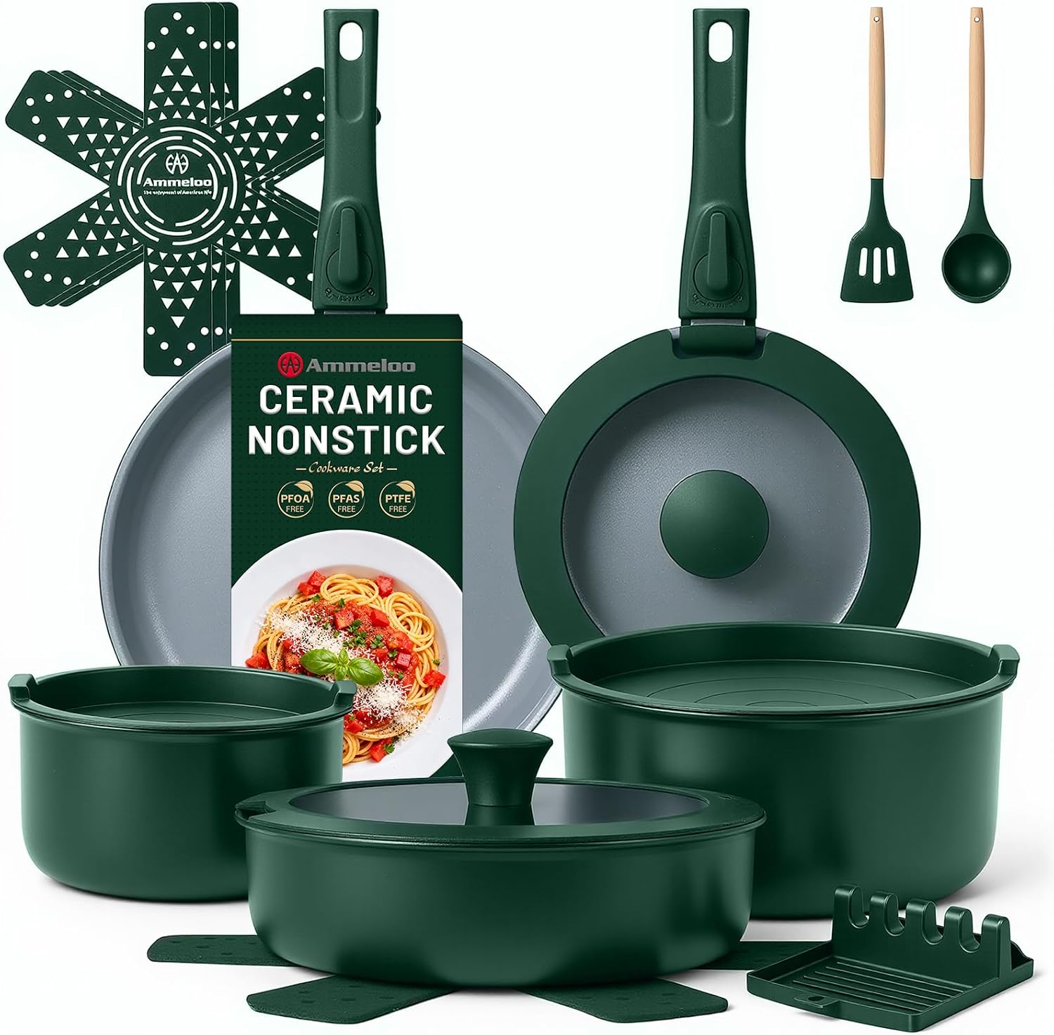 Ammeloo 18-Piece Ceramic Pots and Pans Set Non Stick, Non Toxic Cookware Set with Removable Handles, Pot Sets for Cooking, Induction Ready, Dishwasher & Oven Safe, PFAS PFOA & PTFE Free (Hunter Green)