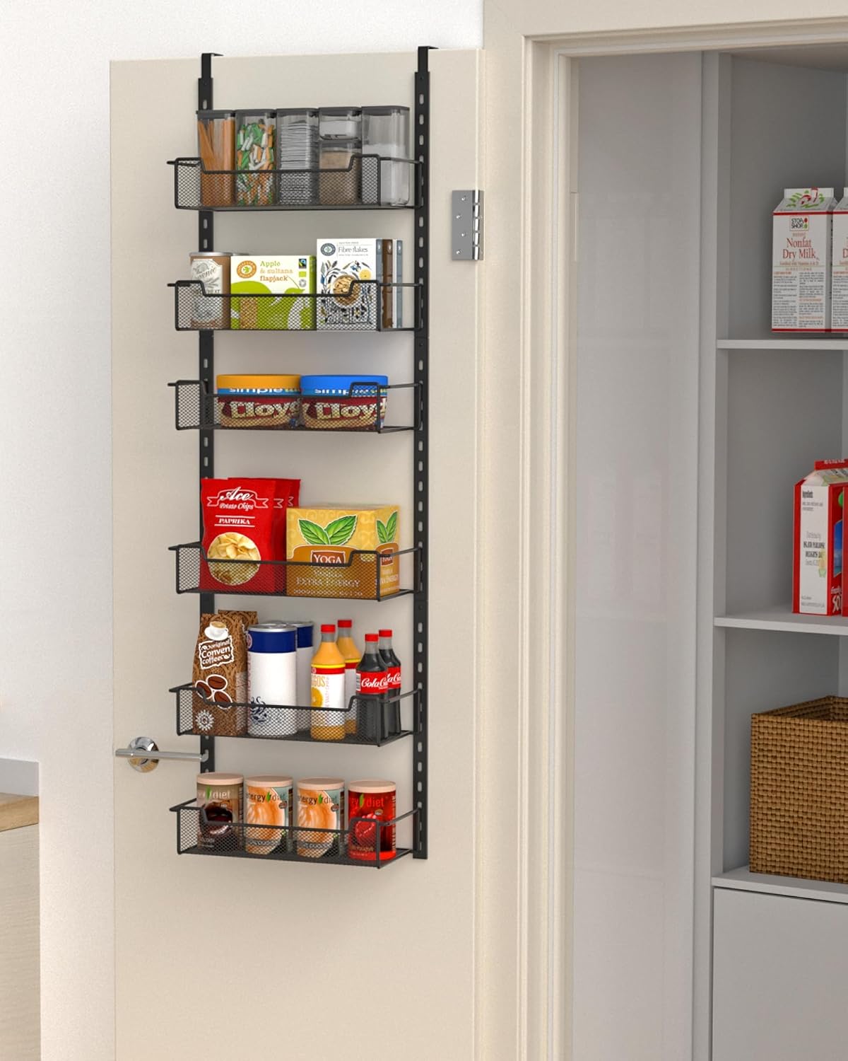 VyGrow 12.3″ W Narrow Over the Door Pantry Organizer, 6-Tier Over the Door Organizer with Adjustable Basket, Pantry Door Organization for Pantry Kitchen Storage Room Spice Rack, Black