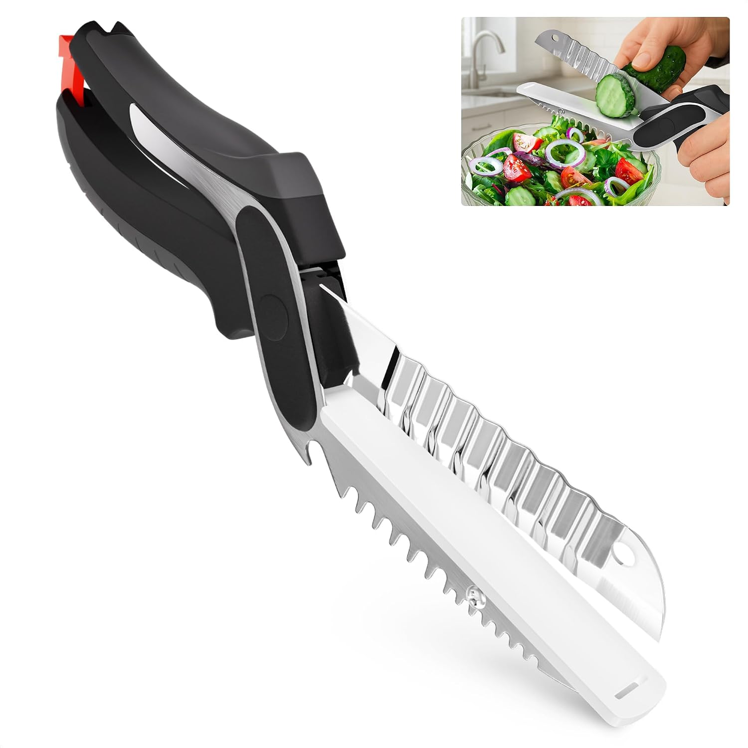 7-in-1 Cutting Board Scissors for Food – Heavy Duty Vegetable Scissors Food Cutter with Ribbed Blades, Chopping Board, Spring Assist, Safety Lock, Dishwasher Safe, Suitable for Meat & Vegetables
