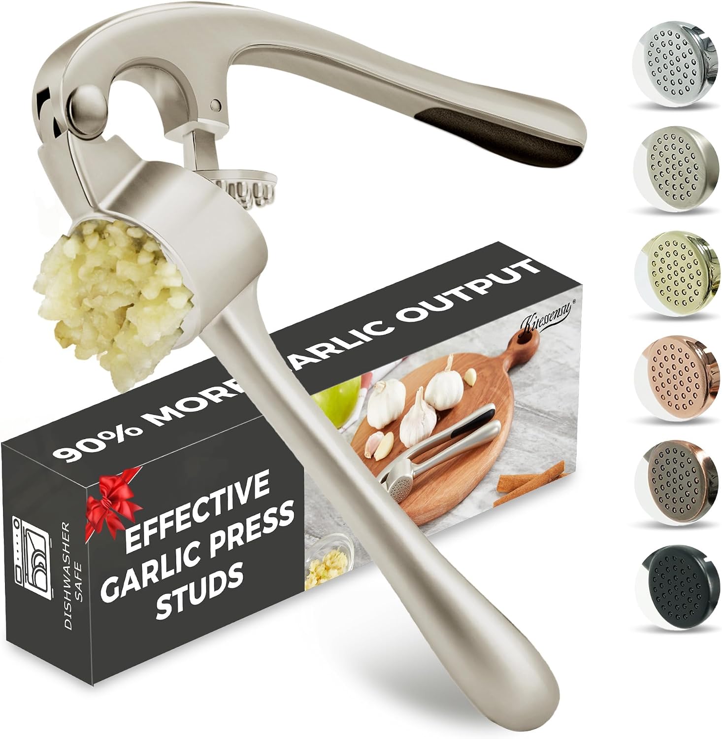 Kitessensu High Effective Garlic Press With Studs, Heavy Duty Garlic Mincer, Easy to Squeeze and Clean, Rust Proof, Ginger Crusher- Imperial Silver