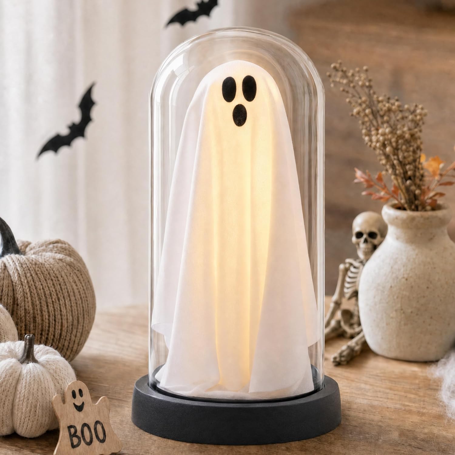 Halloween Decor-Halloween Decorations Indoor-Light Up Ghost in Glass Cloche-Cute Ghost with Light for Home Kitchen Mantel Tabletop Party Decor and Holiday Decorations