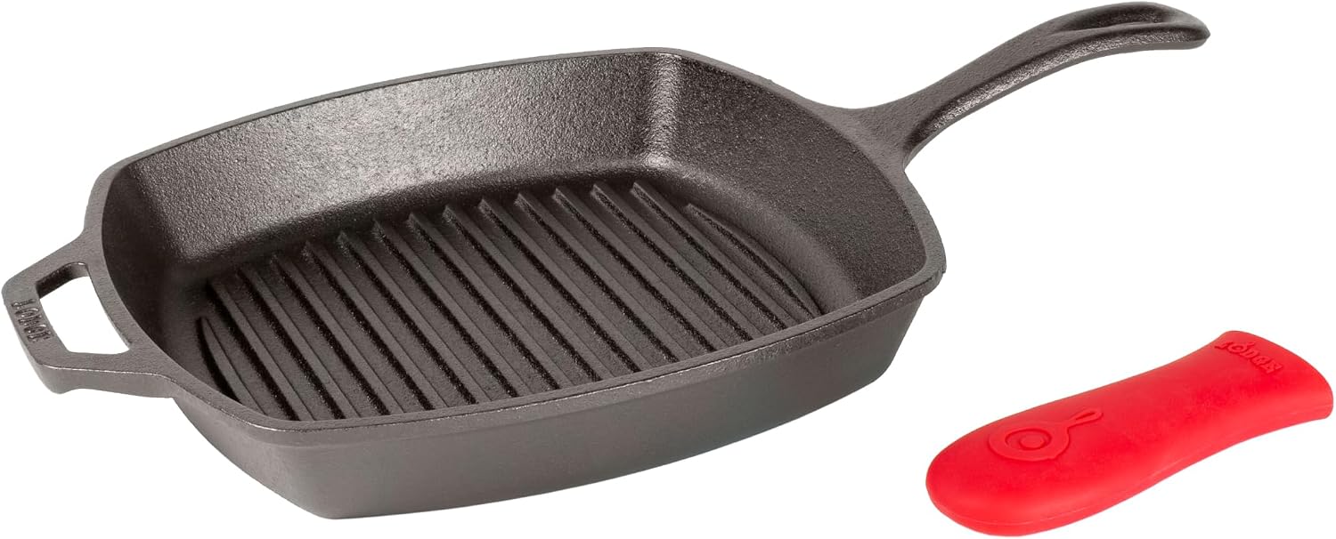 Lodge Square Cast Iron Grill Pan 10.5 Inches – Pre-Seasoned Square Skillet – Ridged Burger Grill Pan – Even Heat Distribution – PFAS-Free Non-Toxic Cookware | camping-cooking-utensils
