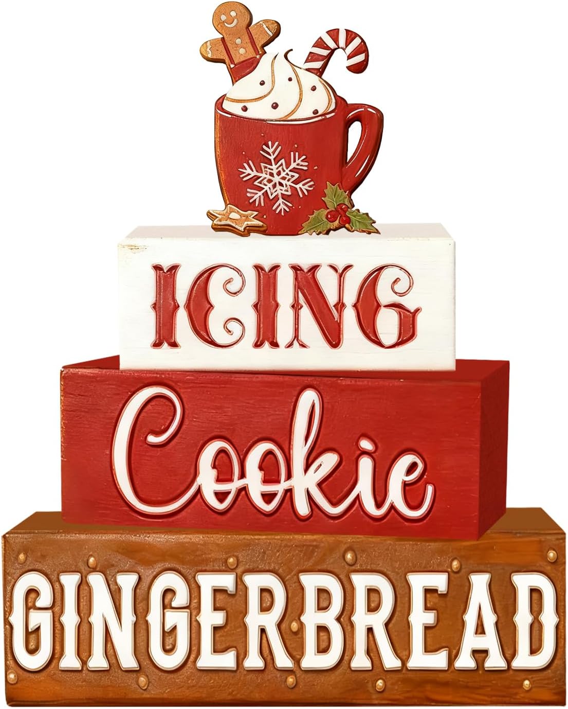 4 Pcs Christmas Decorations Indoor – Wooden Gingerbread Table Decoration for Home – Christmas Centerpiece For Table – Winter Tiered Tray Decor Rustic Farmhouse Xmas Gift for Home Kitchen Mantel