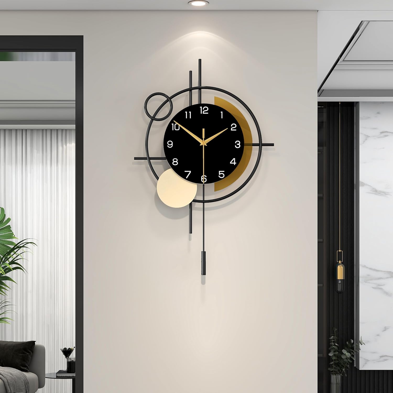 Wall Clock for Living Room Decor Decorative Wall Clock with Pendulum Silent Quartz Battery Operated Black Metal Large Clock for Dining Room,Kitchen,Home,Bathroom,Bedroom,13.8×21.3 in
