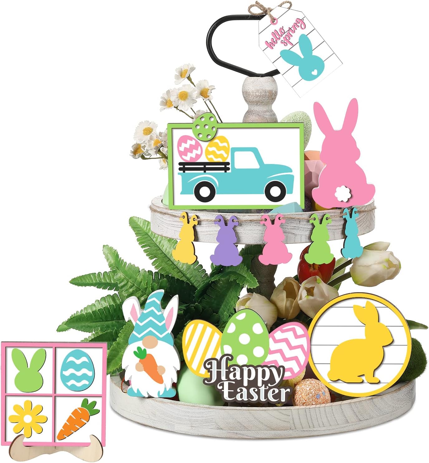 Jetec 12 Pcs Easter Tiered Tray Decoration Set – Easter Bunny Trail Carrot Table Signs Wooden Farmhouse Decoration for Spring Rustic Home Kitchen Decor