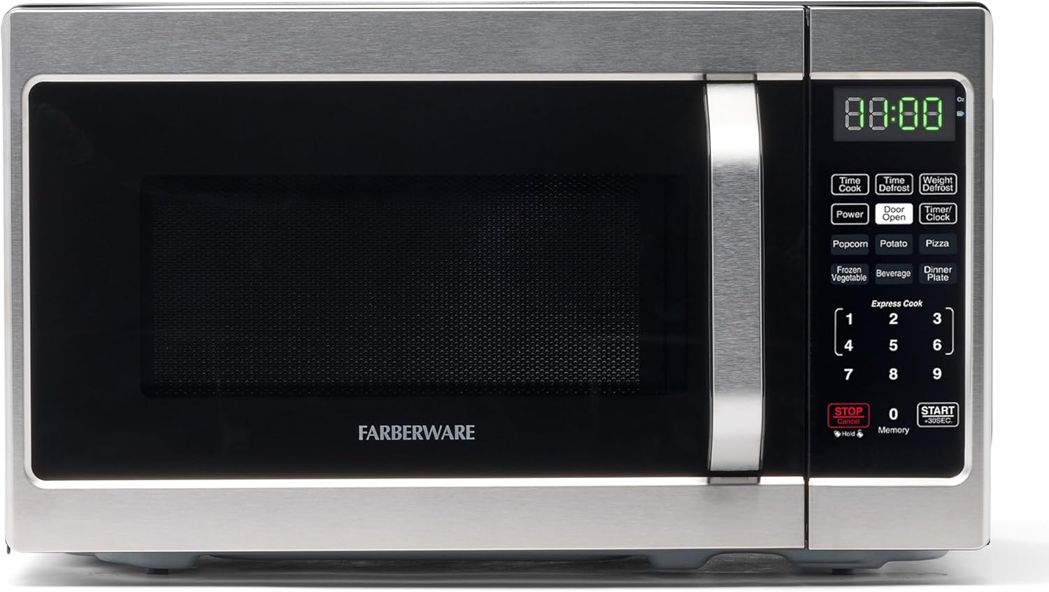 Farberware 0.7 Cu. Ft. Countertop Microwave Oven – 700 Watts Power, Auto Cook Settings, Defrost, Easy Clean and Child Safety Lock – Stainless