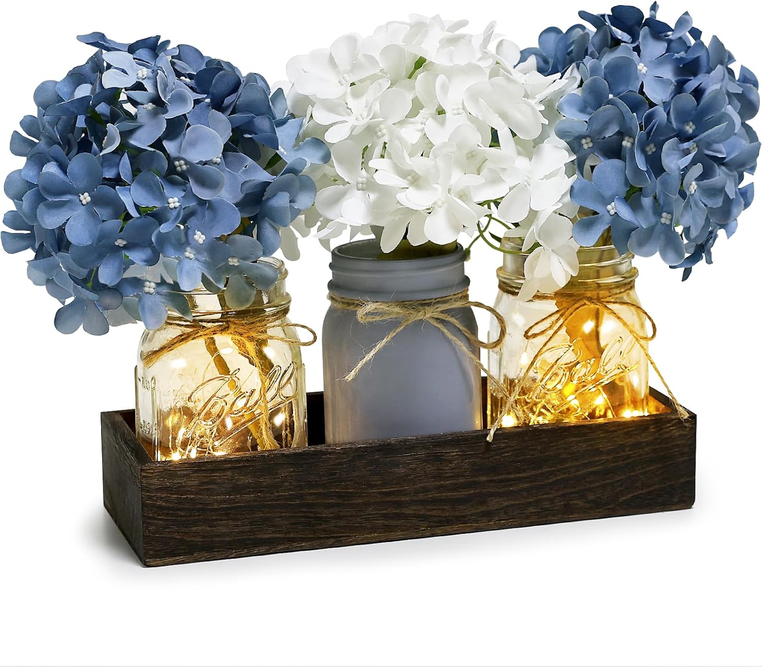 Blue Mason Jar Centerpiece for Table Kitchen Table Decor with Light | 3 Piece Farmhouse Coffee Table Decor with Fake Flowers Wood Tray for Living Dining Room Bathroom Wedding Outdoor Decoration