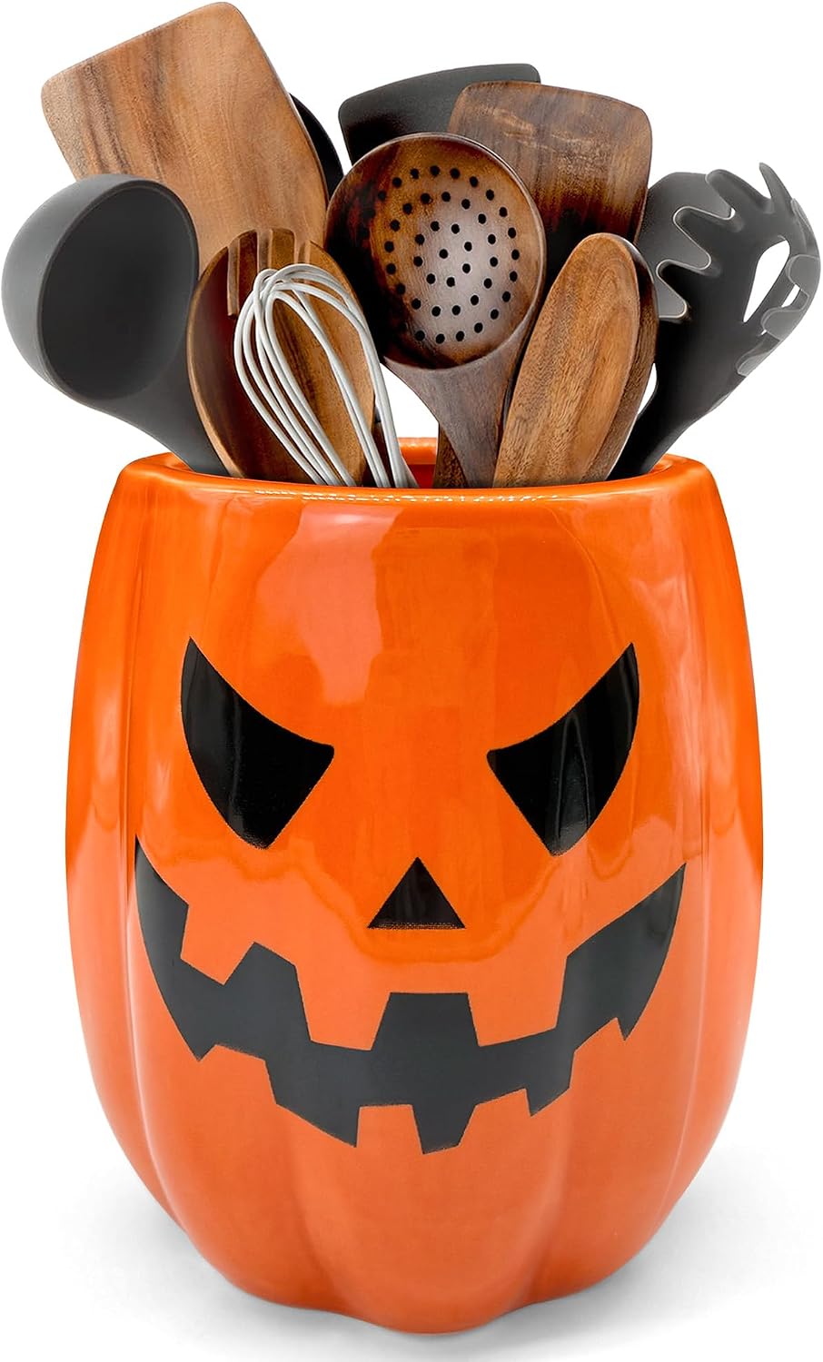 pinata Halloween Kitchen Decor, Ceramic Halloween Pumpkin Utensil Holder | Orange Cute Halloween Utensils Holder, Ceramic Utensils Crock, Rustic Farmhouse Indoor Kitchen Decorations, 6.3 Inches
