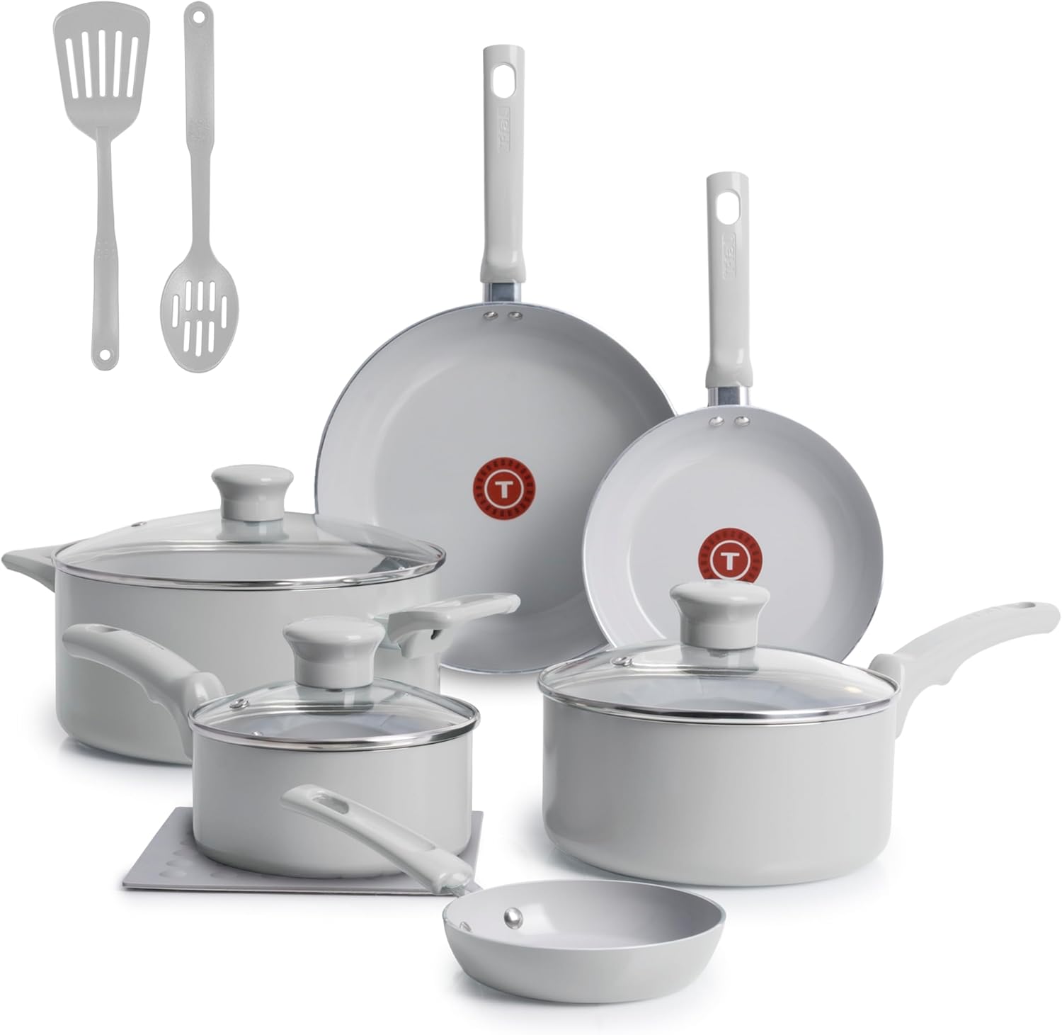 T-Fal Refresh Ceramic Nonstick Cookware Set, 12-Piece Ceramic Pots and Pans Set, Includes Stockpot, Griddle, Frying Pans, Utensils, Moon Grey