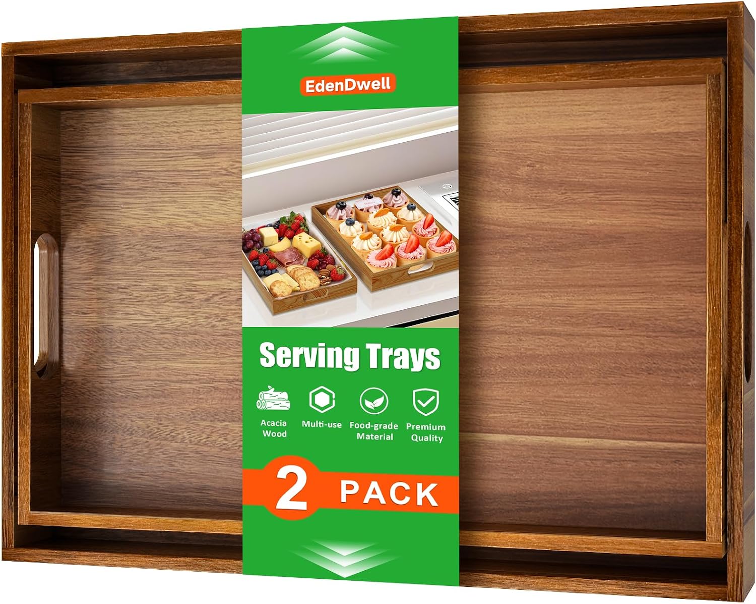 Acacia Serving Trays – 2 Pack, Acacia Wood Serving Platterss, Wood Serving Tray, Decorative Trays for Breakfast, Brunch, Dinner, Coffee Table, Party, Kitchen-M