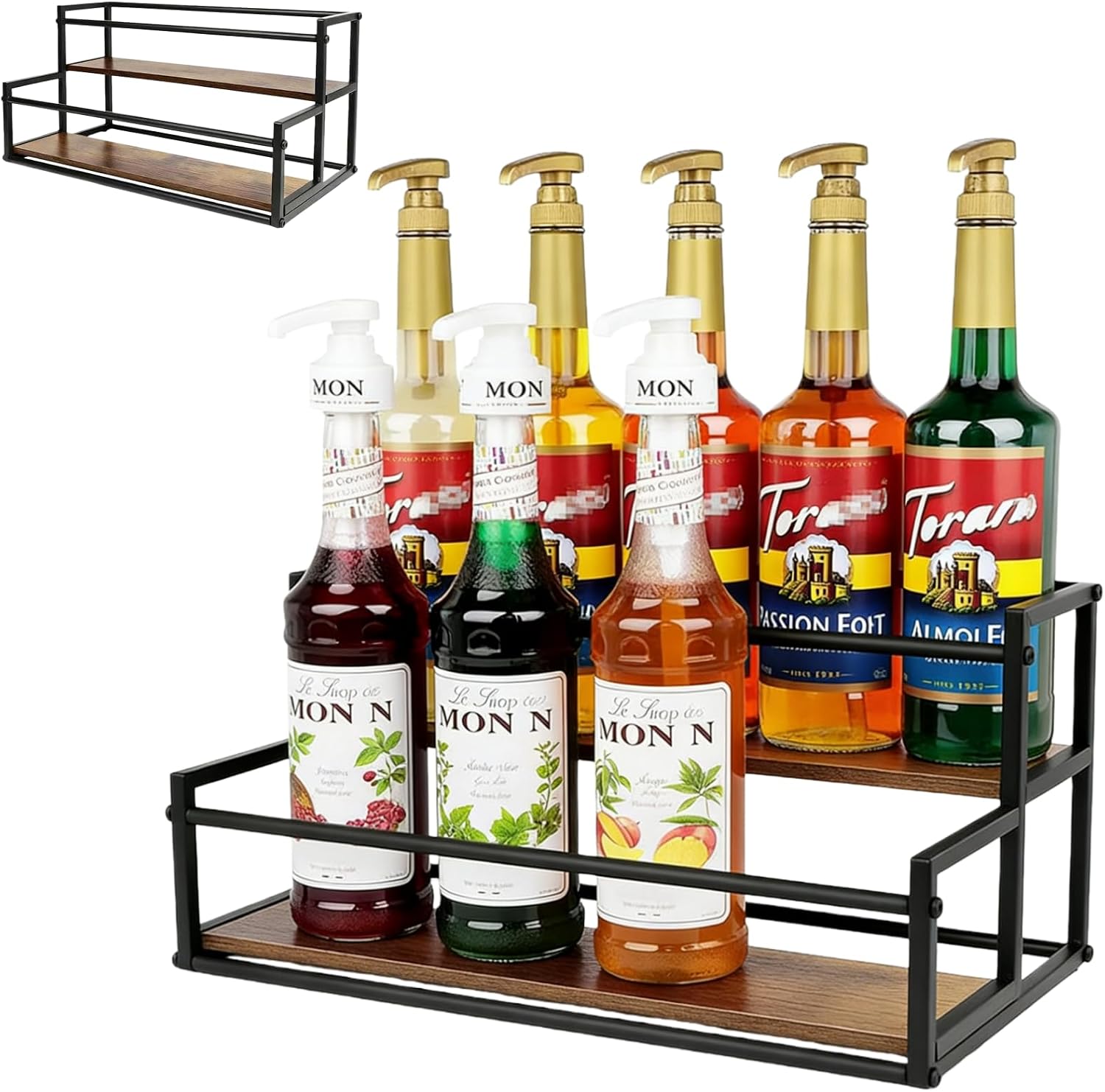 Coffee Syrup Rack Organizer -2 Tier 10 Syrup Bottles Holder Stand for Coffee Bar Kitchen Countertop,Stepped Display Shelf for Spices, Jars, Dressing Freestanding Storage Shelves Rustic Small Wine Rack