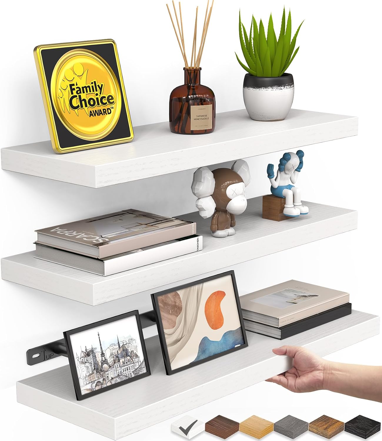 BAYKA White Floating Shelves for Wall, Set of 3, Rustic Wood Wall Shelves with Metal Brackets for Bathroom, Bedroom, Kitchen, or Living Room Decor Organization, Sturdy Storage with 22lb Capacity