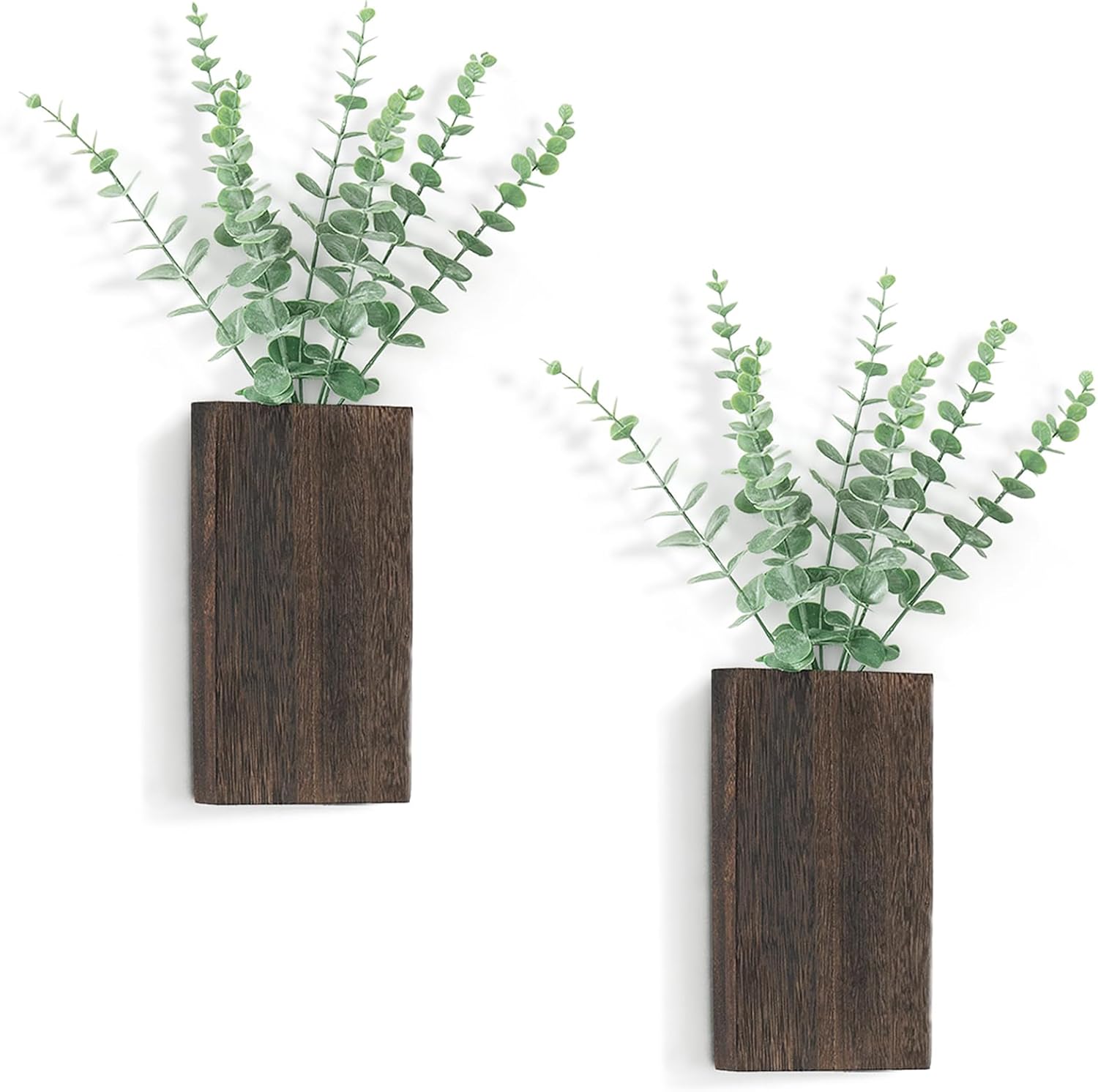 Dahey 2 Pack Wood Wall Planter Vase with Artificial Eucalyptus Farmhouse Wall Hanging Decor Pocket Planter for Indoor Fake Plants Greenery, Living Room Bedroom Kitchen Home Office Decoration