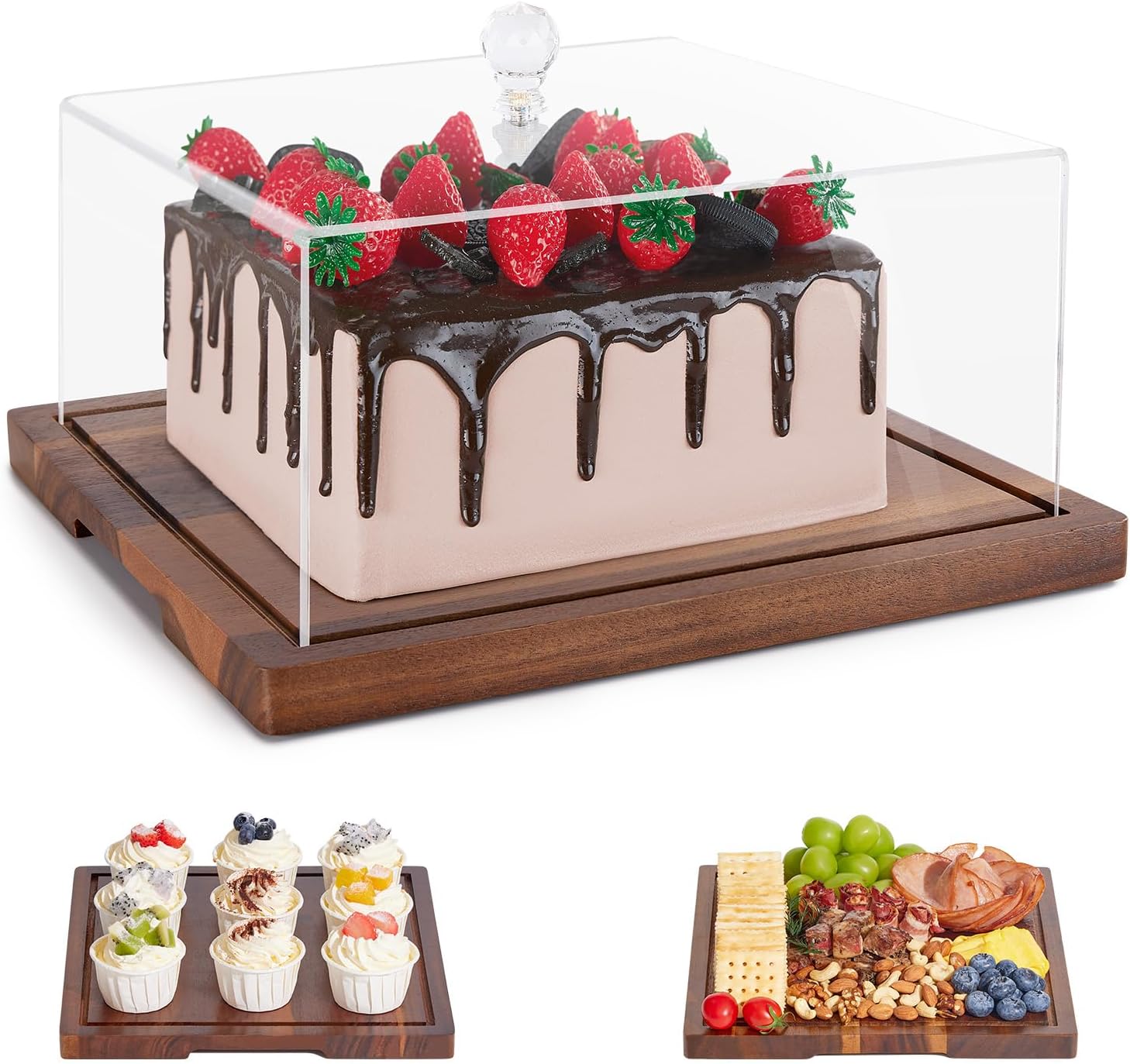 Acacia Wood Cake Stand with Lid-Cake Holder with Dome, 2-in-1 Dessert Table Display Set & Charcuterie Board with Lid,Square Cake Stand for Party,Fruit Tray,Cheese,Veggie,Large Cake Dome Cover