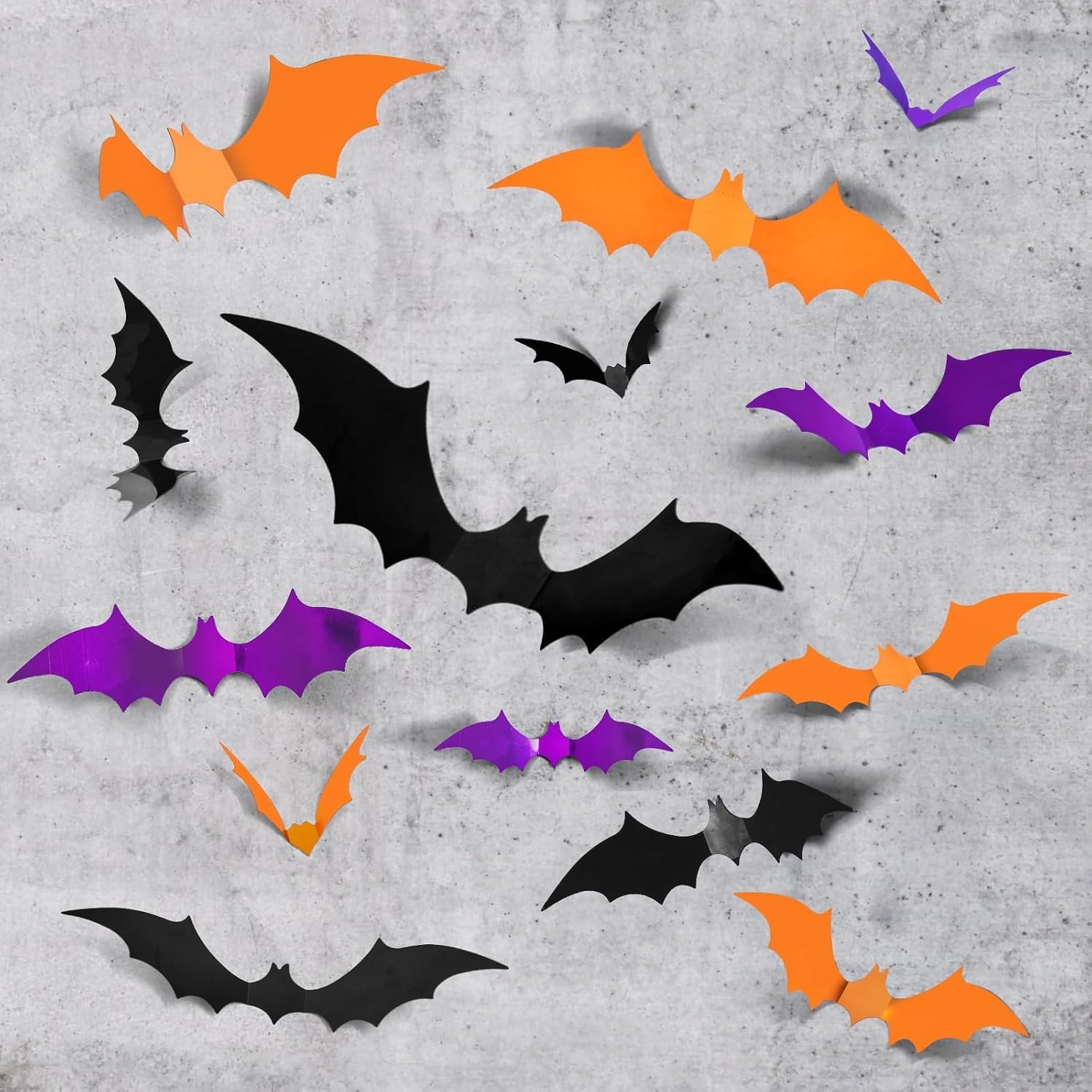 LOLStar Halloween Bat Decor, Black Purple Orange, 72PCS | 4 Different Sizes, Realistic PVC, 3D Bat Stickers, Indoor Outdoor, Wall Decal