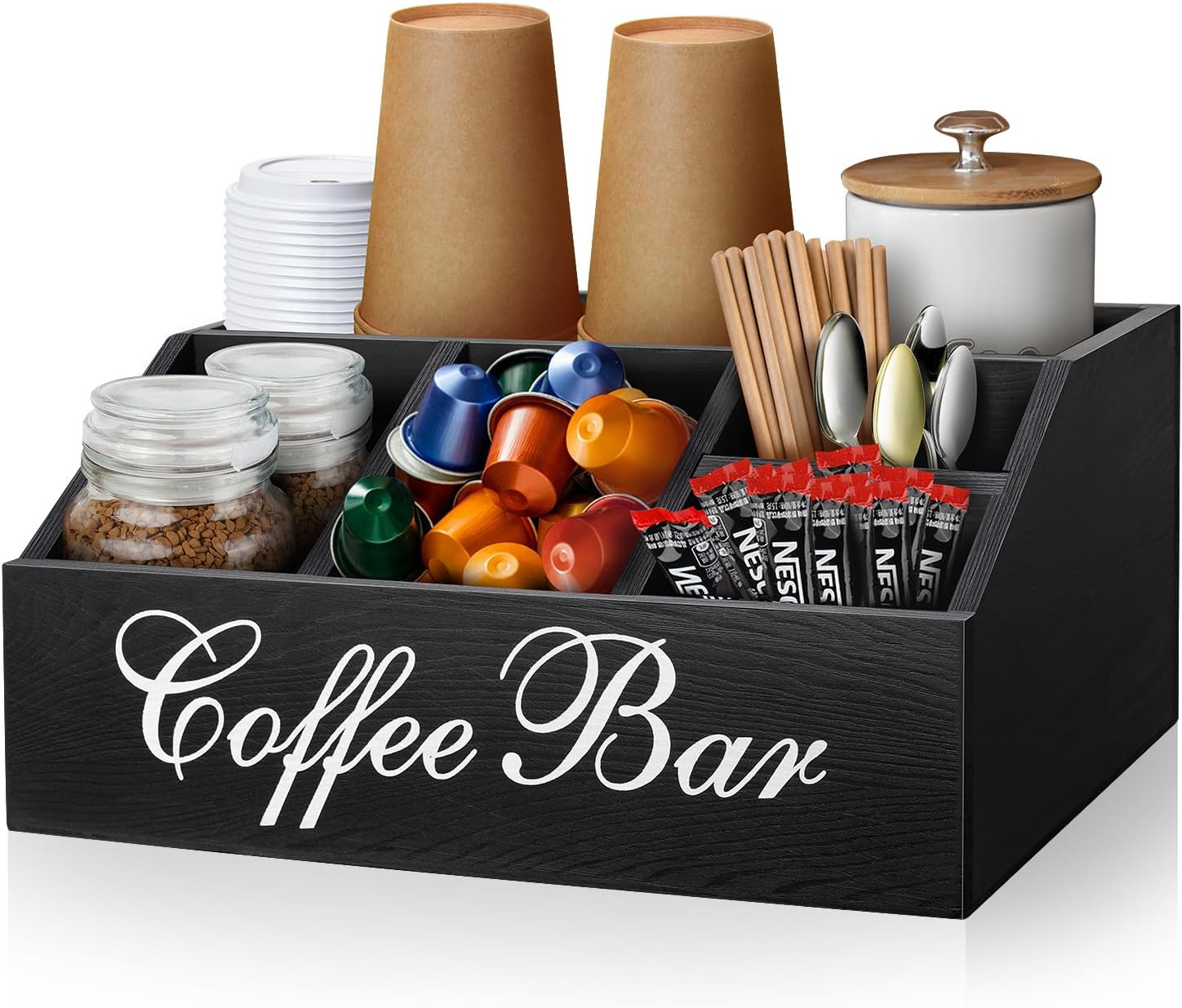 Coffee Station Organizer Pods Holder for Counter, Farmhouse Wood Coffee Bar Accessories and Tea Condiment Basket Storage Organizer Decor