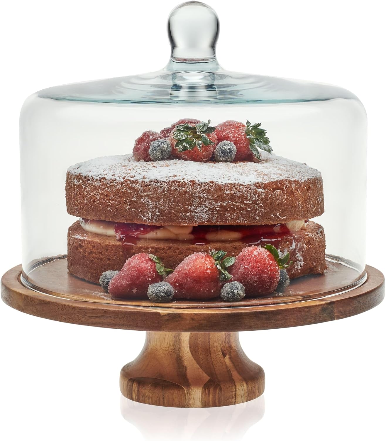 Libbey Acacia Wood Cake Stand with Lid, Footed Cake Stand With Cover, Durable Ball Top Handle Glass Dessert Dome