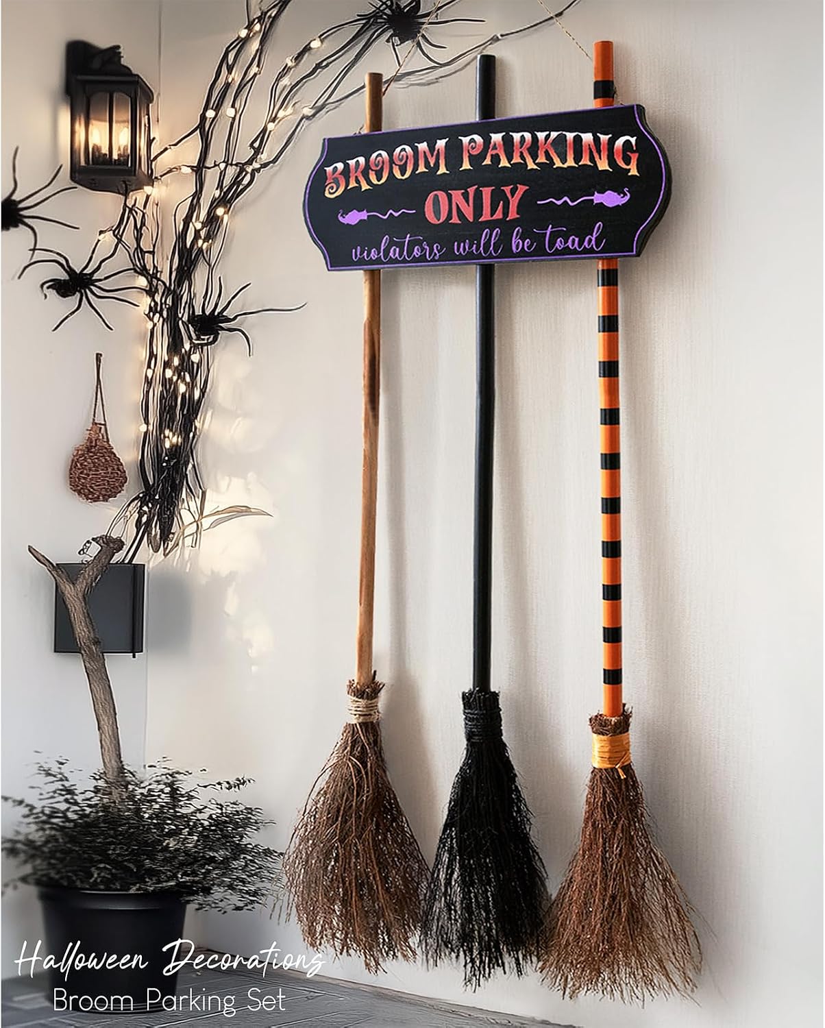 Halloween Decorations – Halloween Decor – Broom Parking Sign with 3 Wooden Witches Brooms – Cute Hocus Pocus Front Porch Wall Decor for Indoor Outdoor Home Office Party Decoration