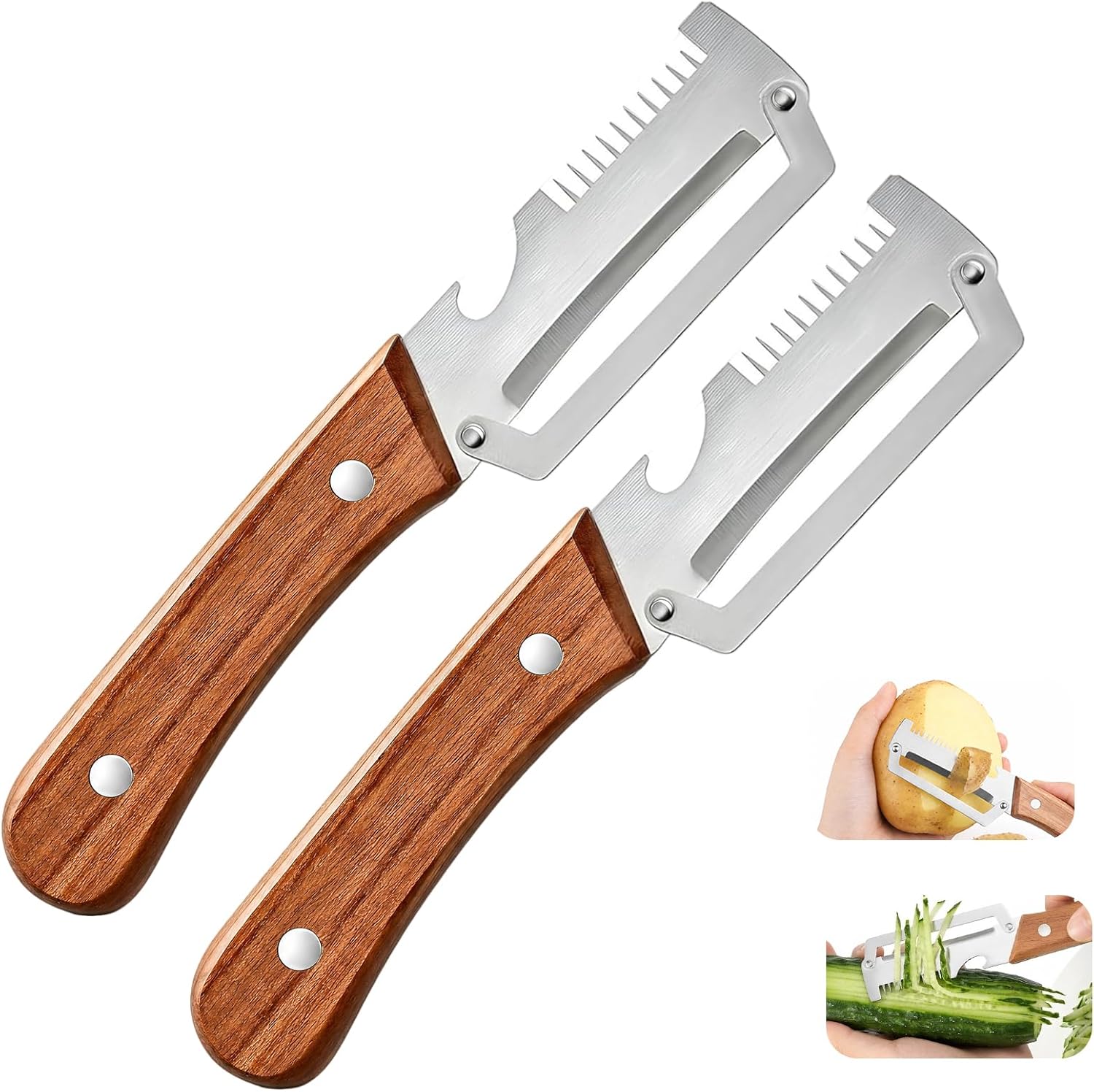 2PCS Multi-Functional Kitchen Peeler, 3 in 1 Premium Vegetable Peeler with Wooden Handle and Bottle Opener,Kitchen Gadgets Tool for Fruit Pumpkin Peeling Potato Carrot Veggie Peeler