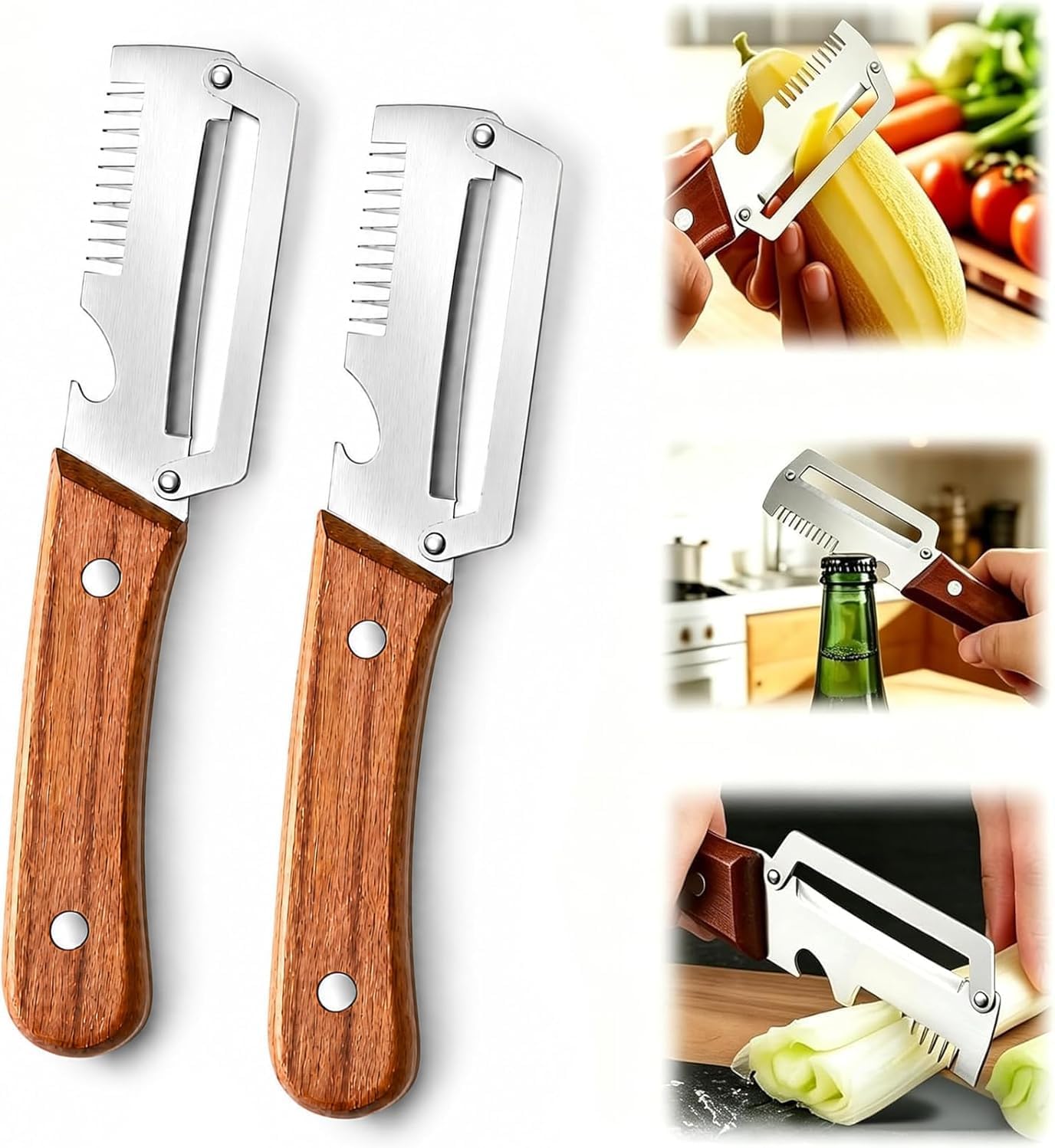 2-Pack MultiFunctional Vegetable Peeler, 3 in 1 Multi Functional Wooden Handle Peeler and Bottle Opener, Kitchen Gadgets Tool for Fruit Pumpkin Peeling Potato Carrot Veggie Peeler