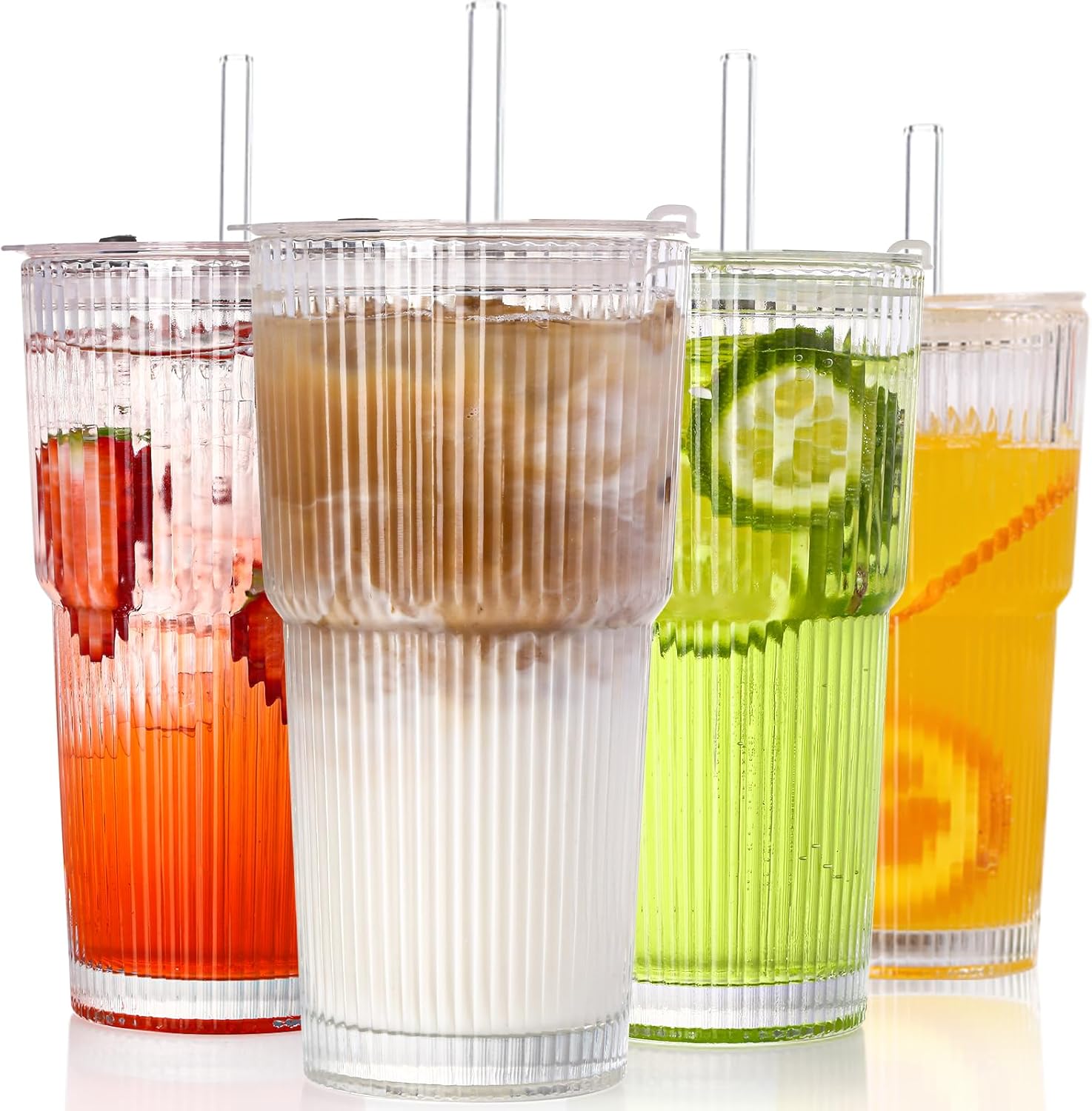 4PCS Ribbed Glass Cups with Lids and Straws, 20oz Vintage Drinking Glasses, Aesthetic Iced Coffee Cups, Glass Tumbler for Boba, Beer, Tea, Cocktails, Ribbed Glassware Set,Clear