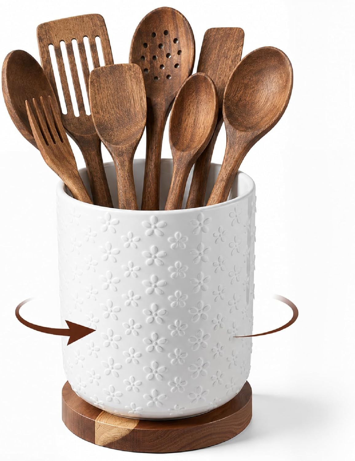 Honeydak Utensil Holder for Kitchen Counter, 360° Rotating Large Cooking Countertop Tool Spoon Crock Vintage Rustic Burnt Holder for Farmhouse Kitchen Gifts Decor (Ceramic,Flower Emboss,7.2″ X 6.3″)